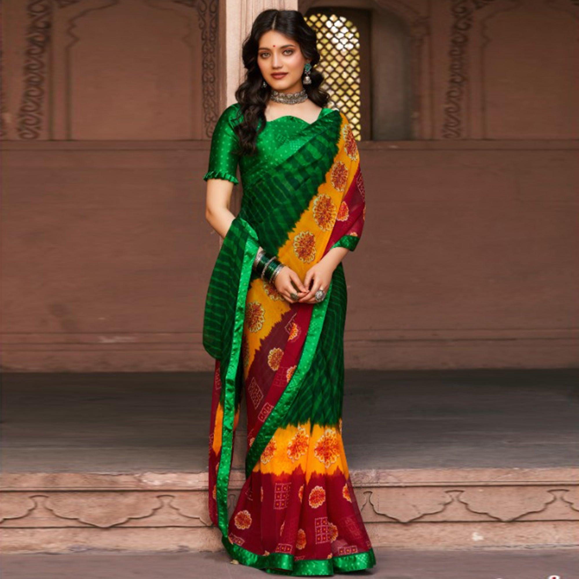 Magnetic Green Coloured Casual Wear Printed Georgette Saree - Peachmode