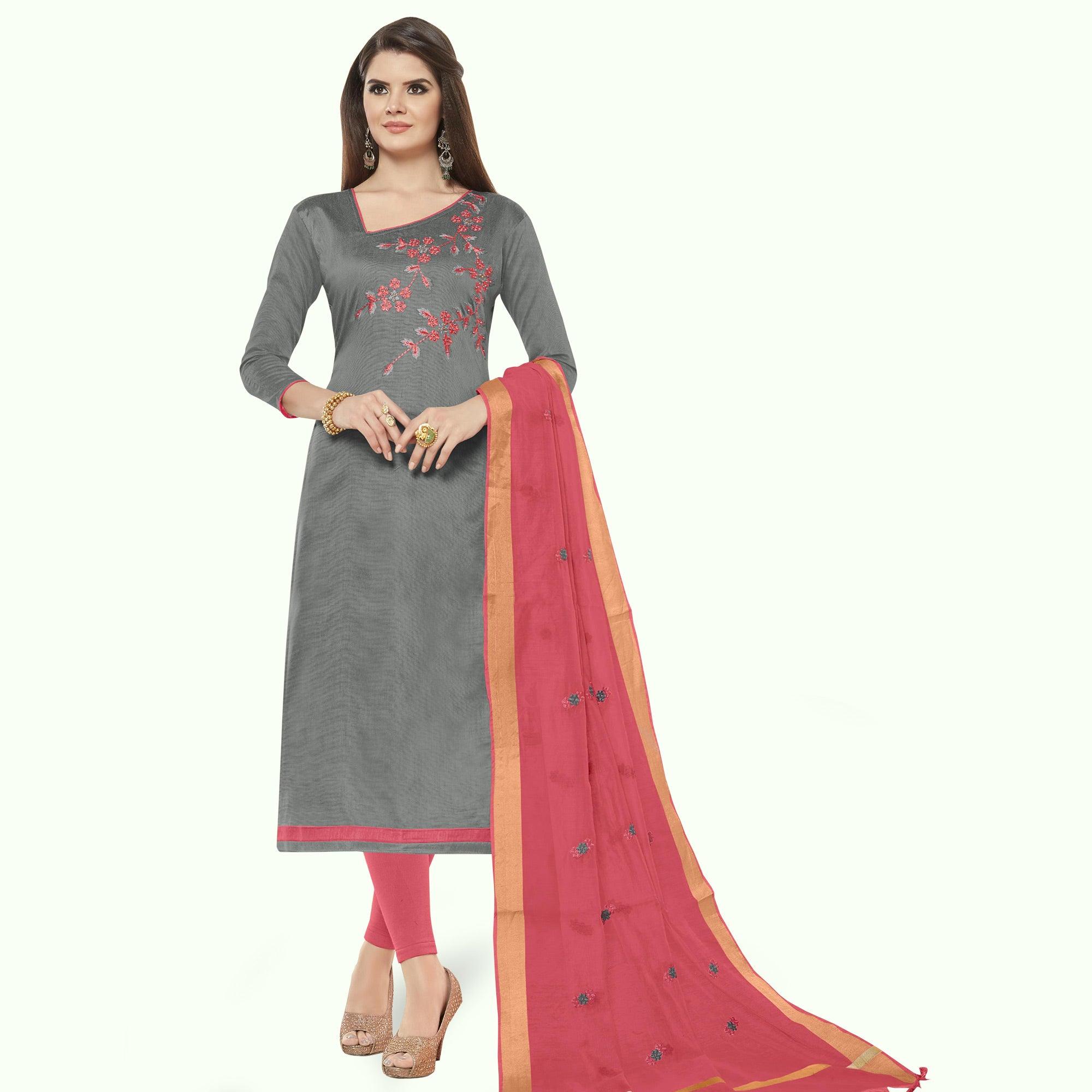 Magnetic Grey Colored Casual Wear Embroidered Cotton Dress Material - Peachmode