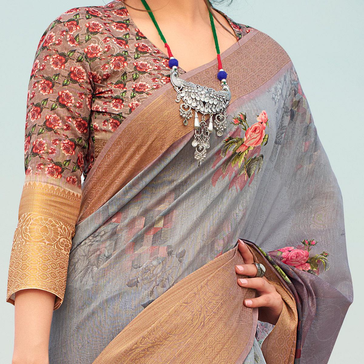 Magnetic Grey Colored Festive Wear Digital Floral Printed Linen Saree - Peachmode