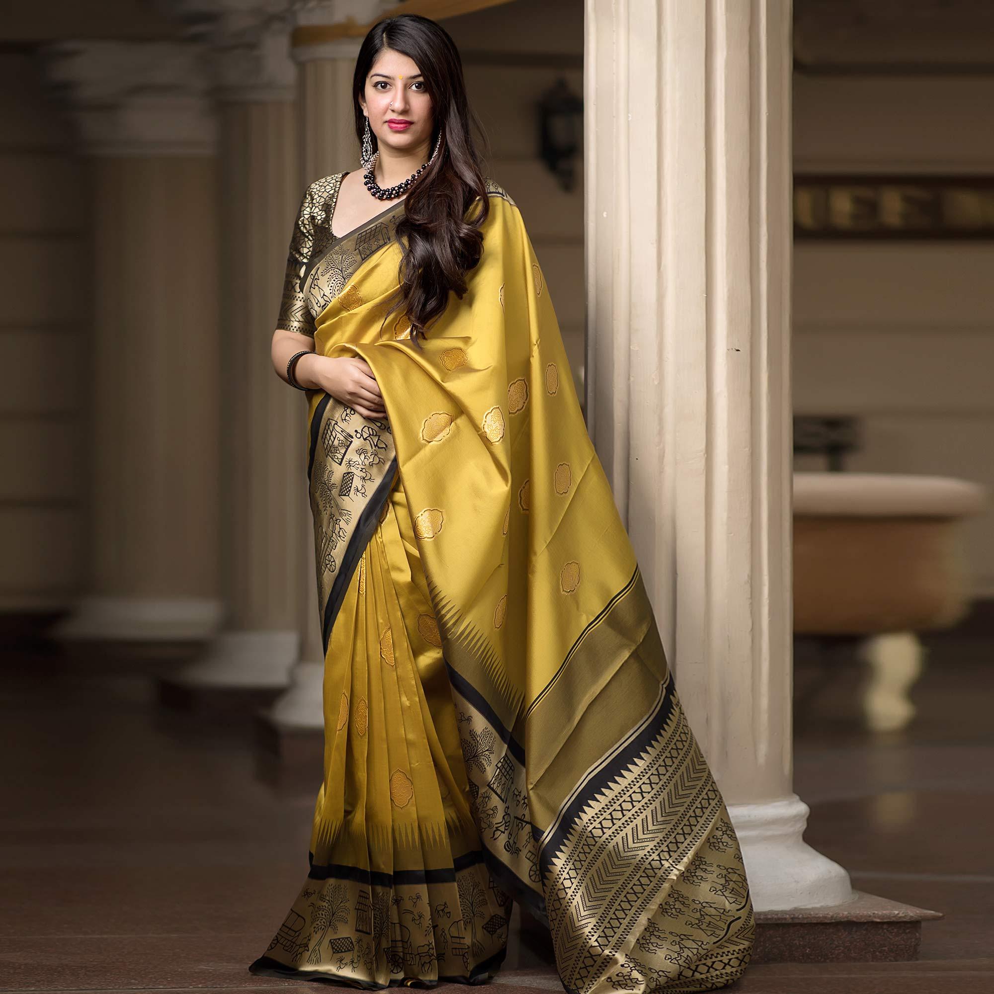 Magnetic Lemon Yellow Colored Festive Wear Woven Banarasi Silk Saree - Peachmode