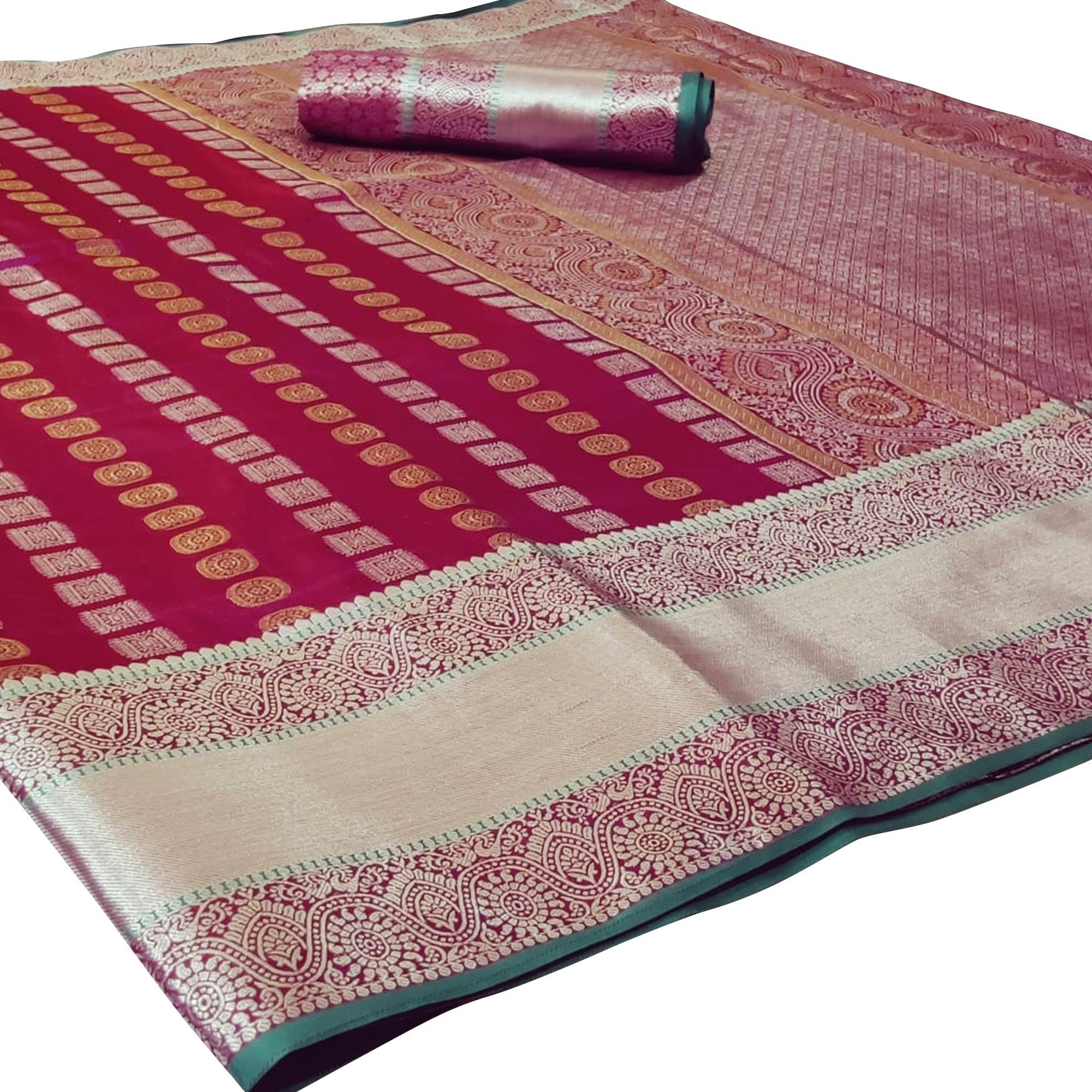 Magnetic Maroon Colored Festive Wear Woven Silk Saree - Peachmode