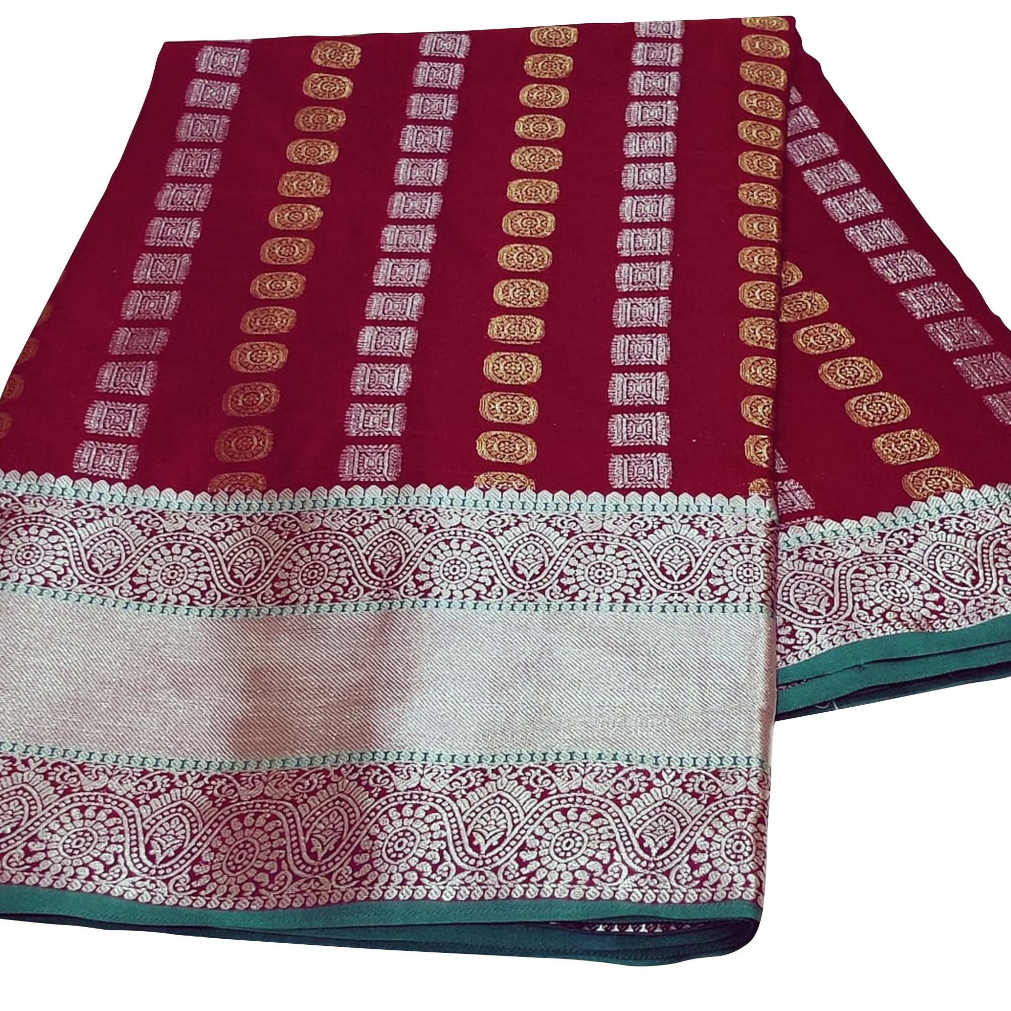 Magnetic Maroon Colored Festive Wear Woven Silk Saree - Peachmode