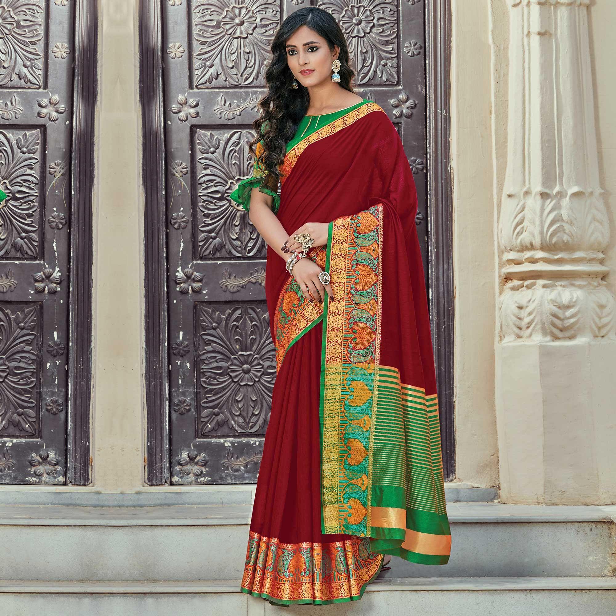 Magnetic Maroon Coloured Casual Wear Woven Cotton Handloom Saree - Peachmode