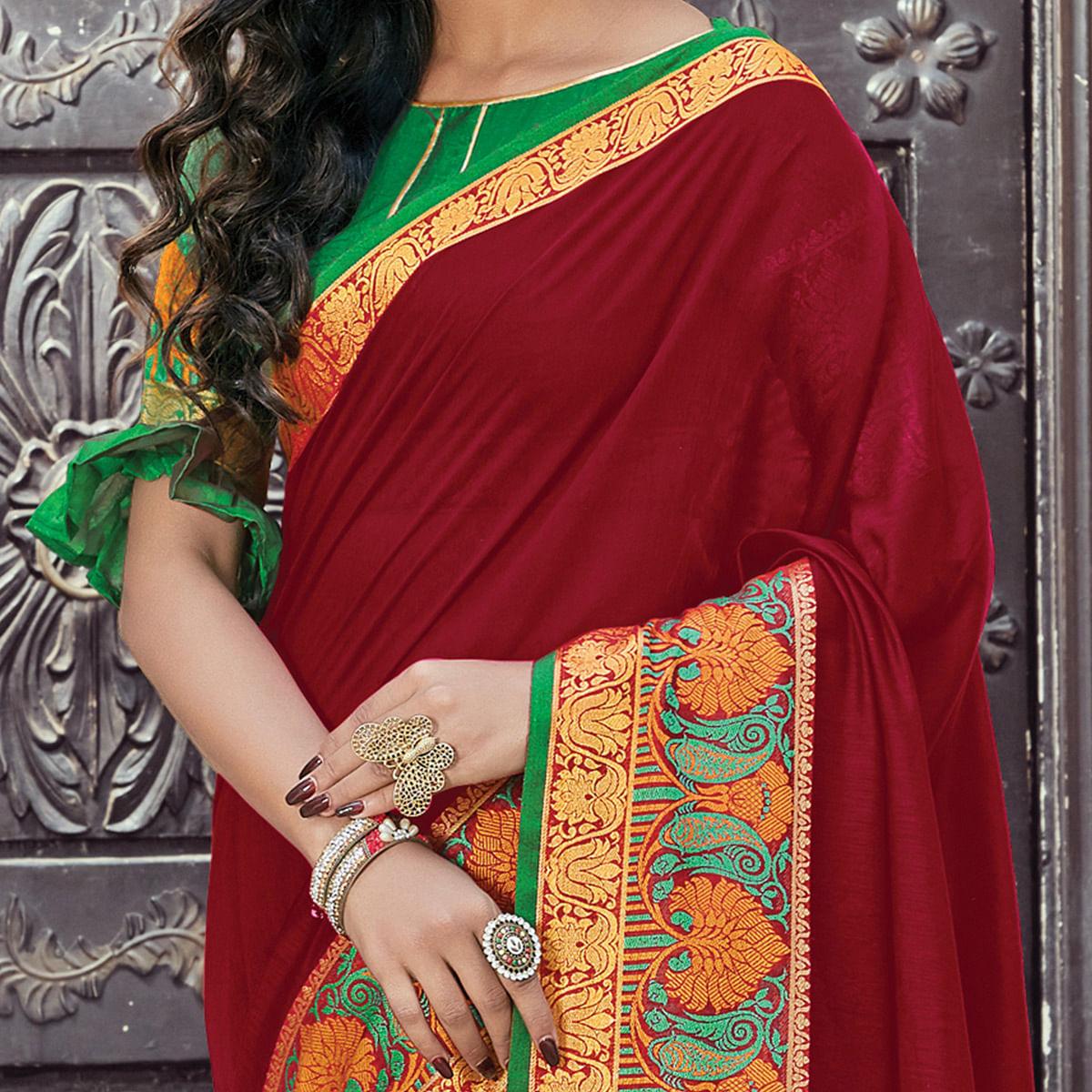 Magnetic Maroon Coloured Casual Wear Woven Cotton Handloom Saree - Peachmode