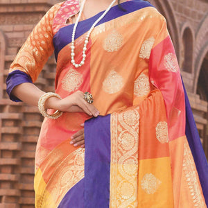 Magnetic Multi Colored Festive Wear Woven Handloom Silk Saree - Peachmode