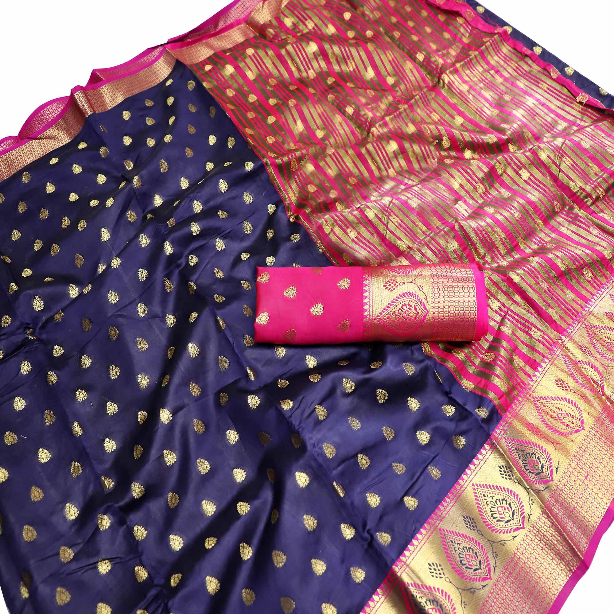 Magnetic Navy Blue Colored Festive Wear Woven Litchi Kota Silk Saree - Peachmode