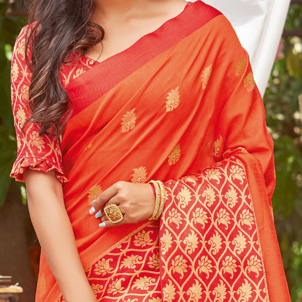Magnetic Orange Coloured Casual Wear Embroidered Crystal Silk Saree - Peachmode