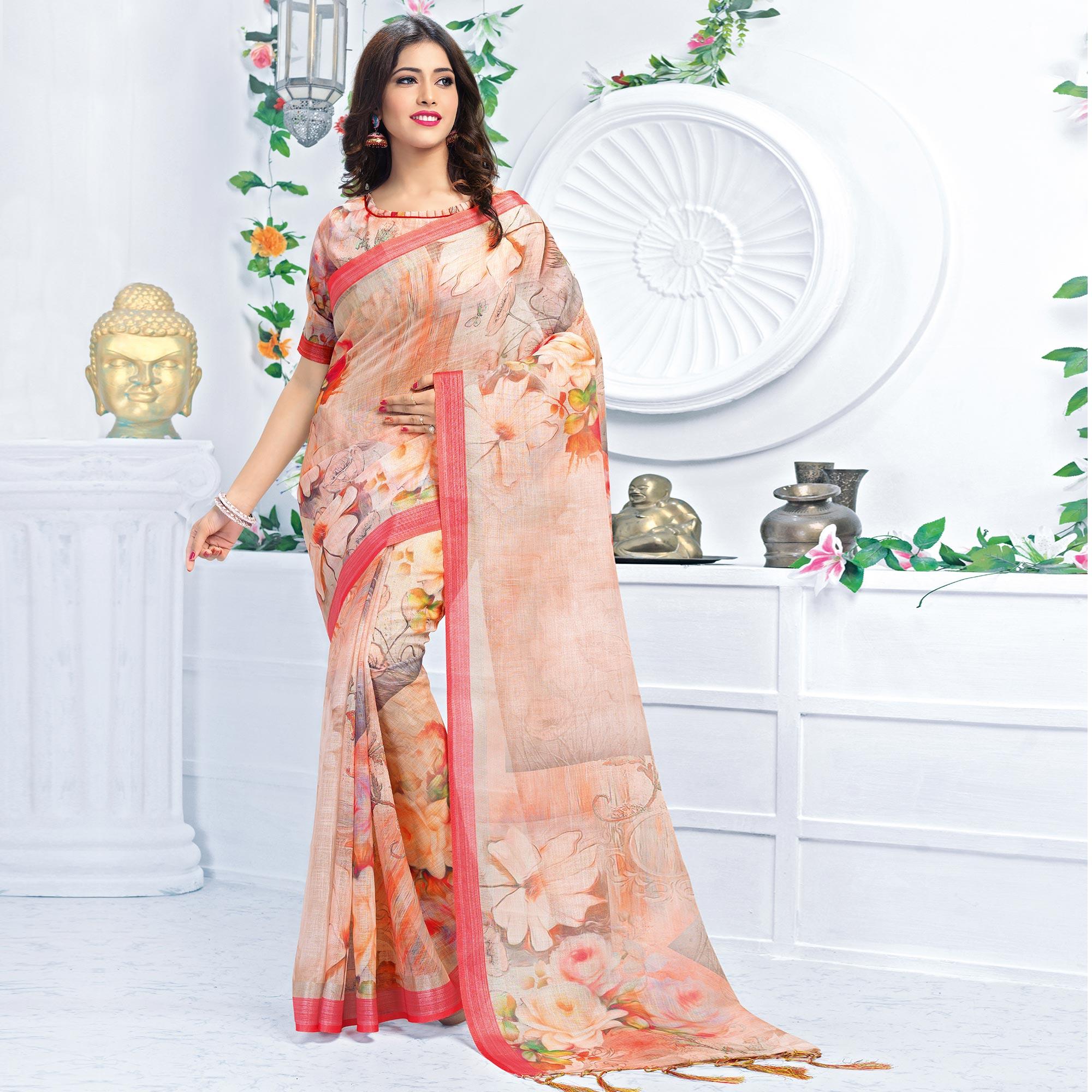 Magnetic Pastel Peach Colored Casual Wear Printed Pure Linen Saree - Peachmode