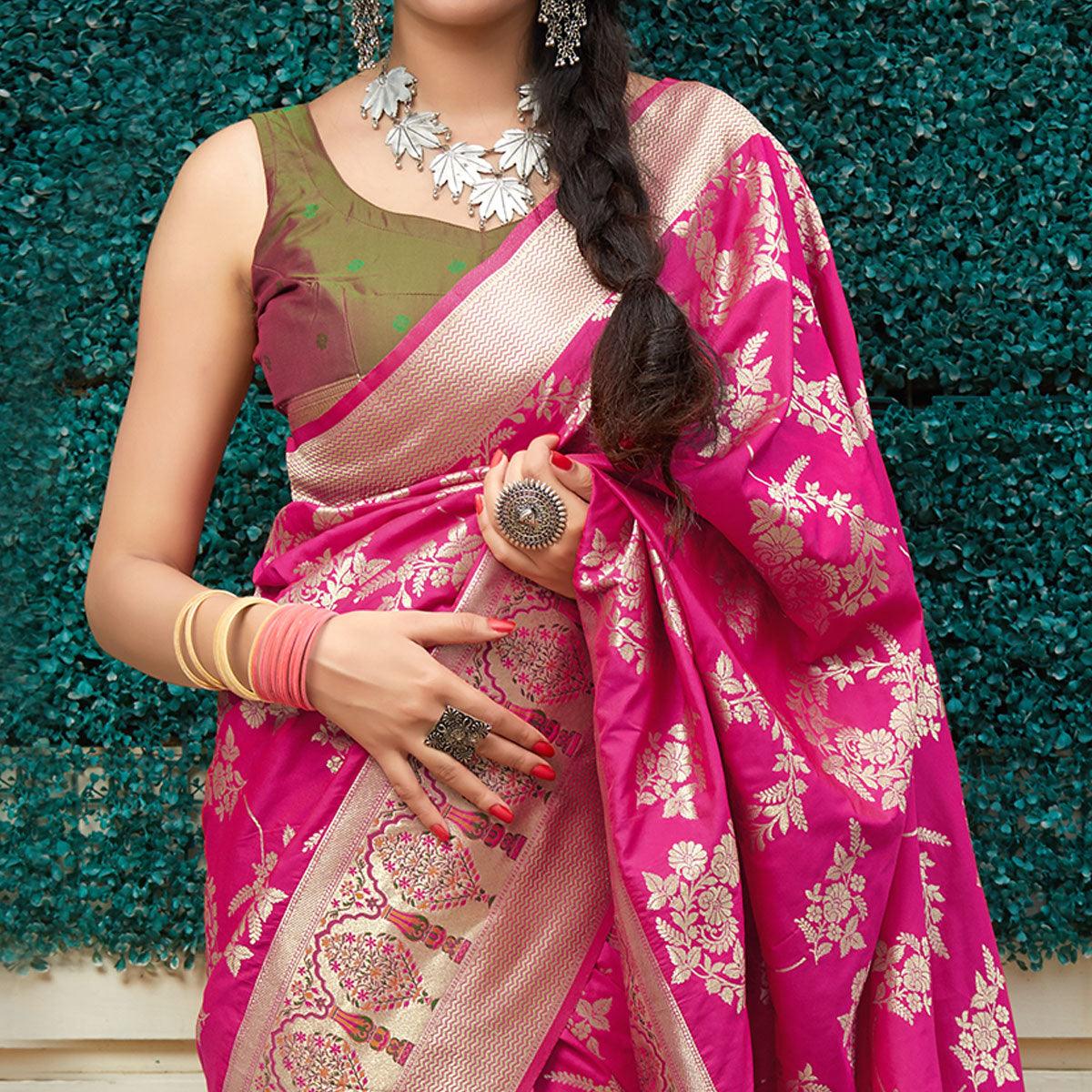 Magnetic pink Colored Festive Wear Woven Silk Saree - Peachmode