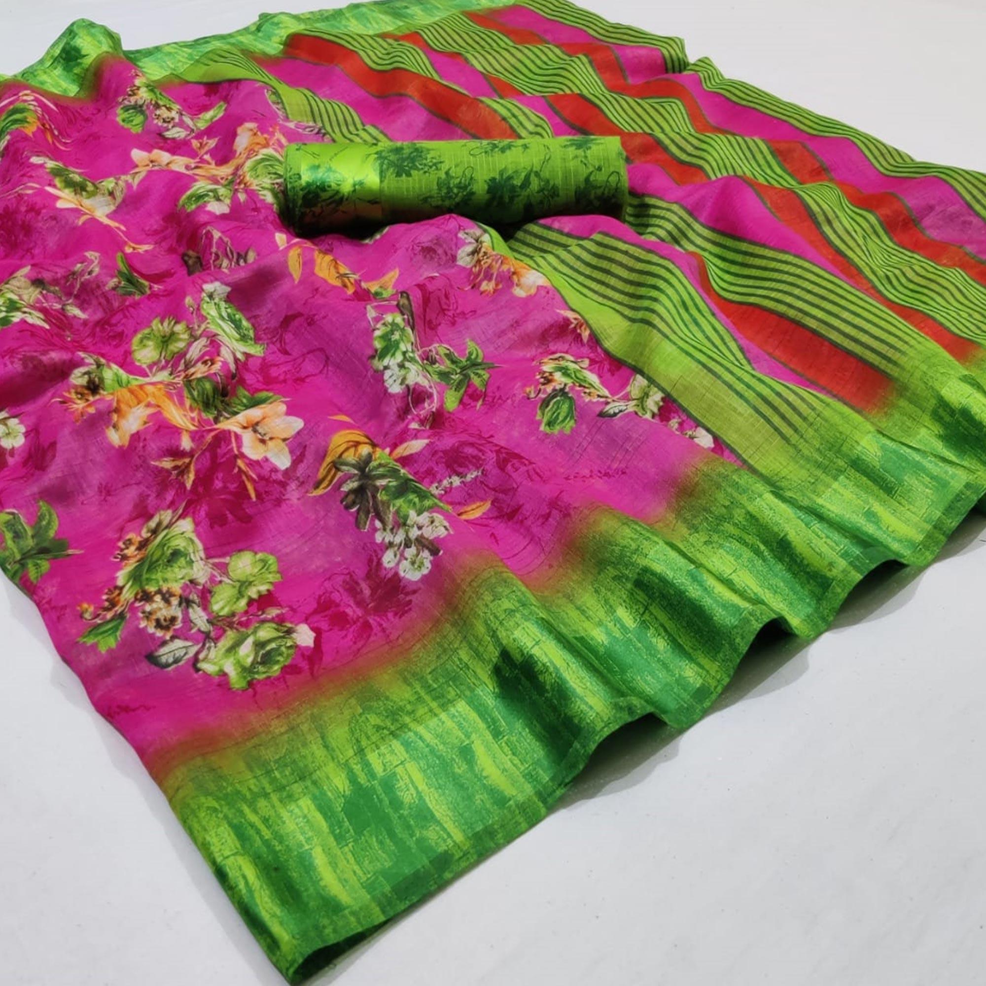 Magnetic Purple Colored Casual Wear Printed Linen Saree - Peachmode