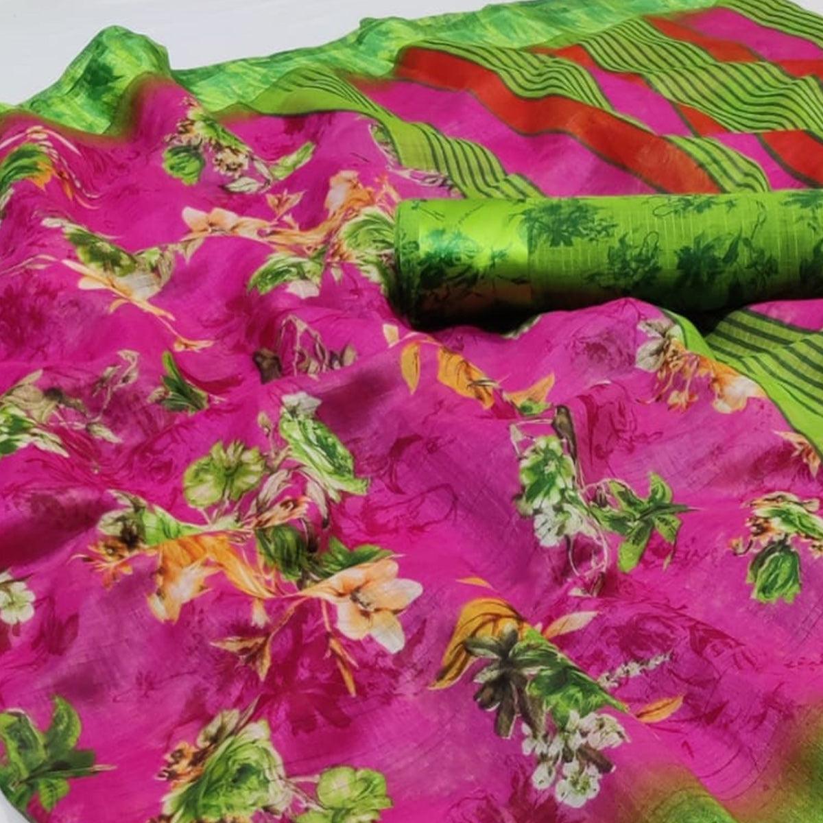 Magnetic Purple Colored Casual Wear Printed Linen Saree - Peachmode