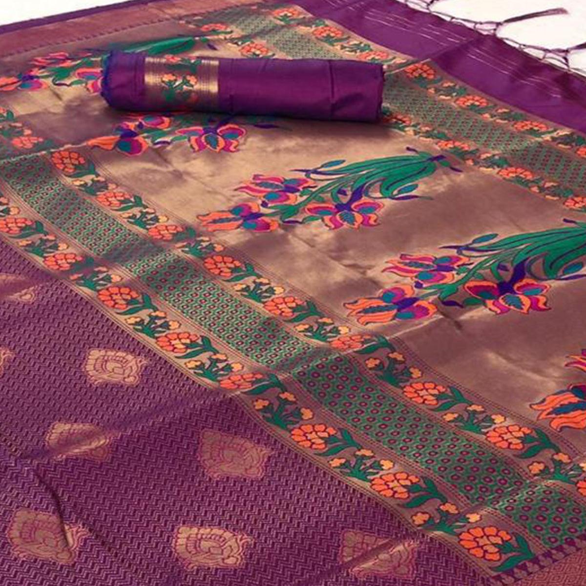 Magnetic Purple Colored Festive Wear Woven Pure Soft Silk Saree - Peachmode