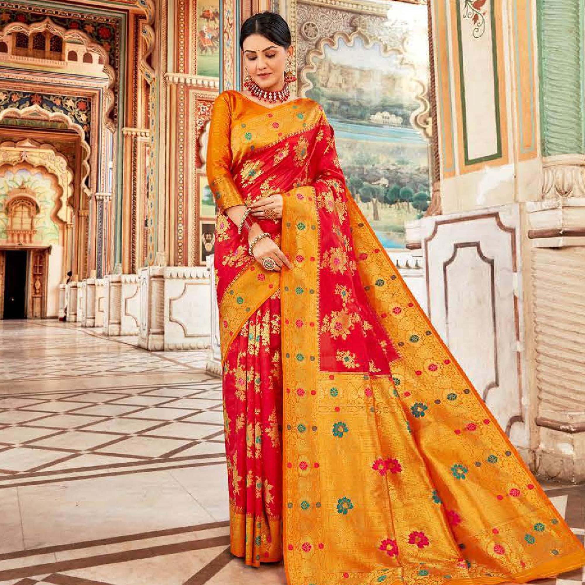 Magnetic Red Colored Festive Wear Woven Art Silk Saree - Peachmode