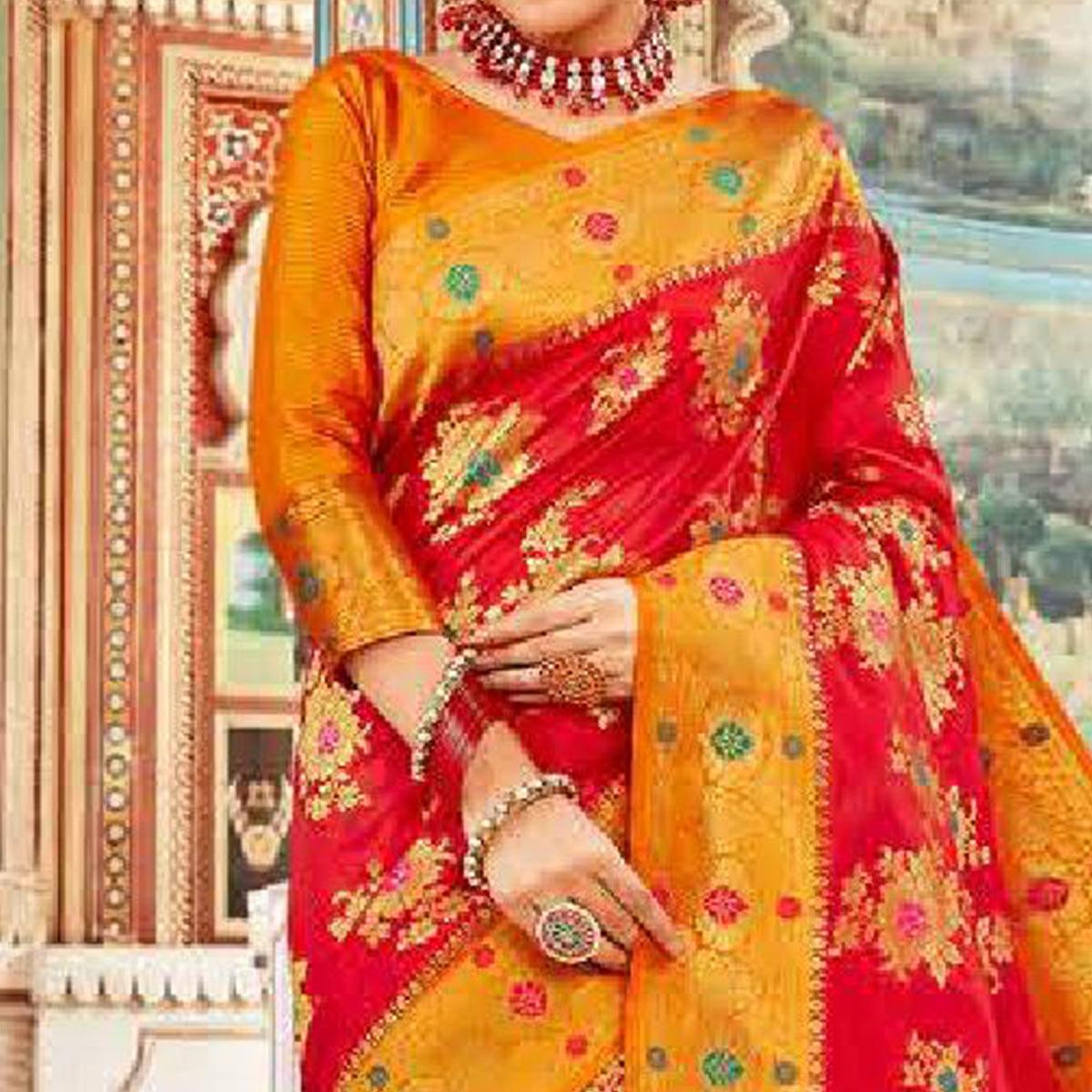 Magnetic Red Colored Festive Wear Woven Art Silk Saree - Peachmode