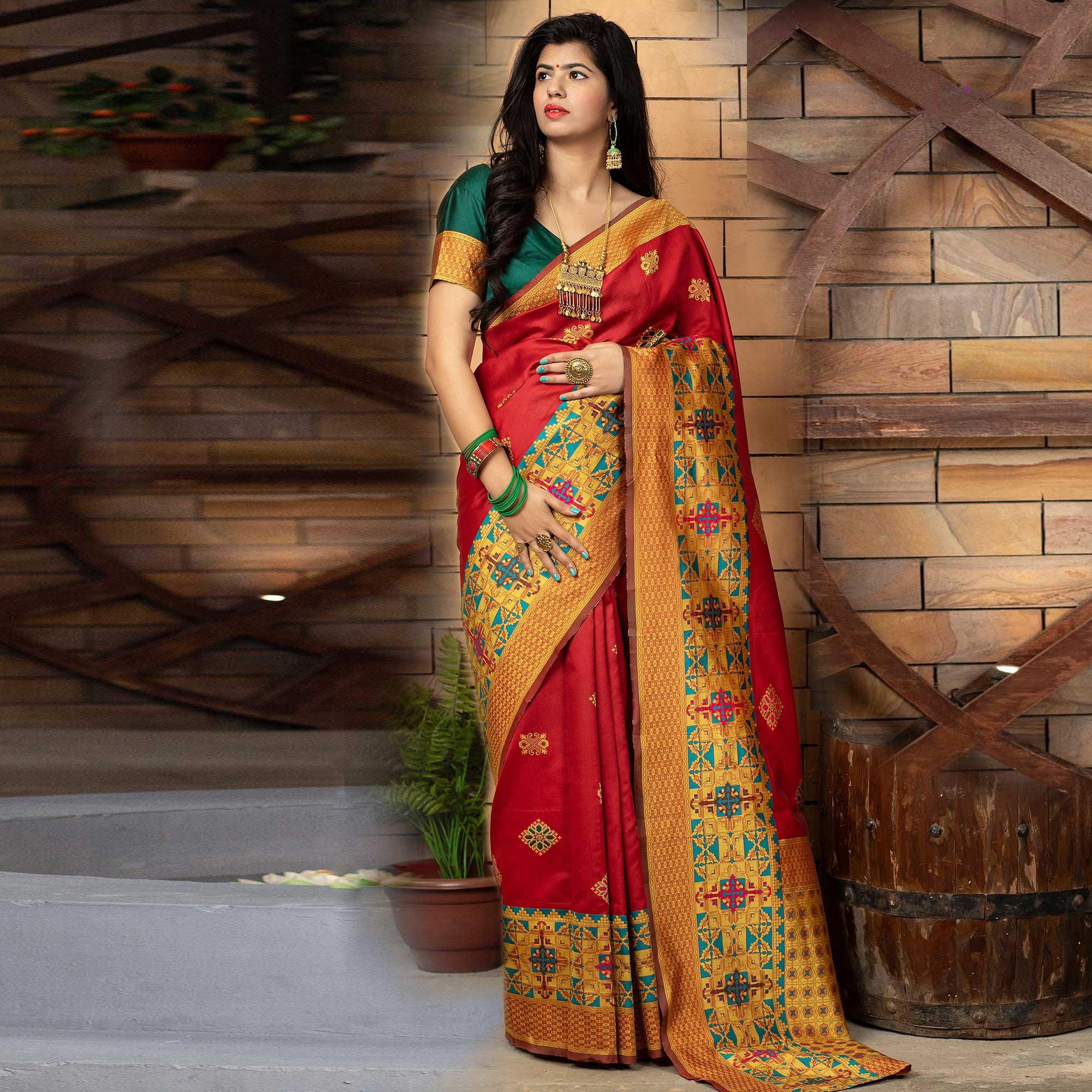 Magnetic Red Colored Festive Wear Woven Banarasi Silk Saree - Peachmode