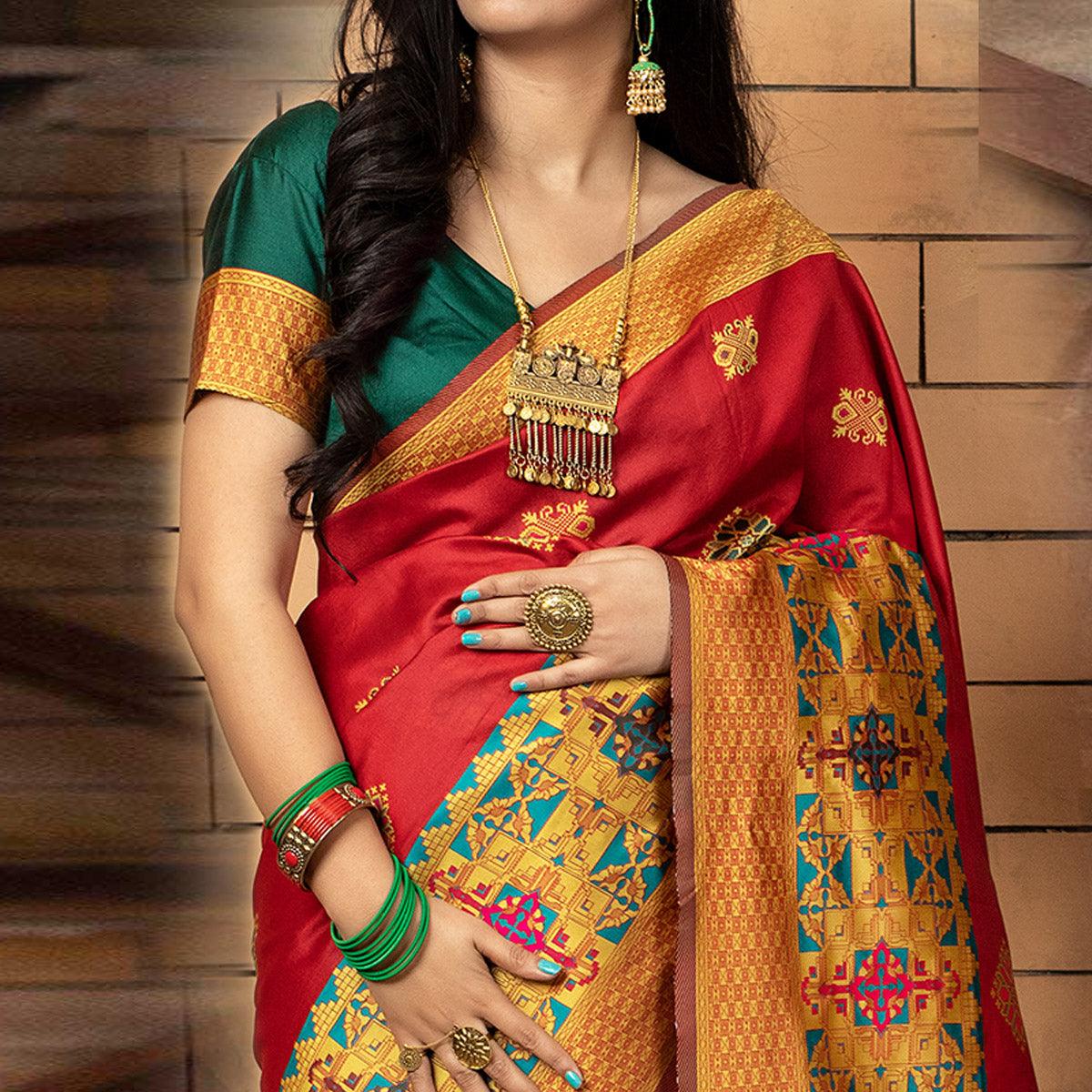 Magnetic Red Colored Festive Wear Woven Banarasi Silk Saree - Peachmode