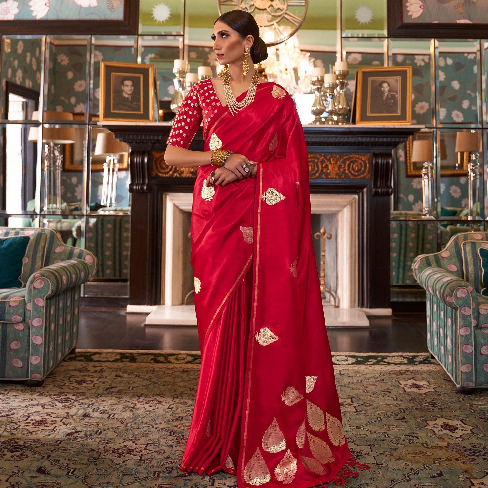 Magnetic Red Colored Festive Wear Woven Pure Satin Silk Saree - Peachmode