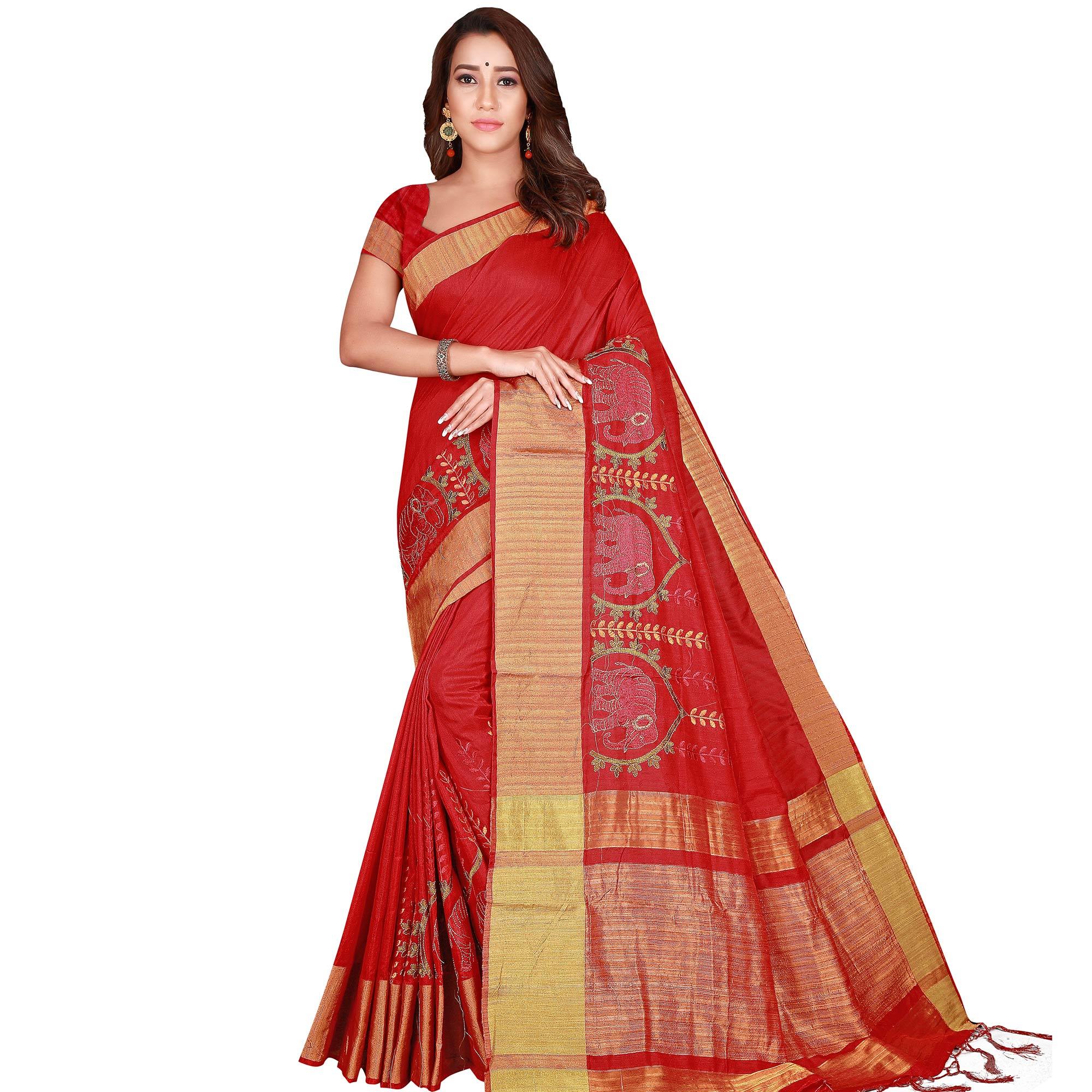 Magnetic Red Colored Festive Wear Woven Silk Saree - Peachmode