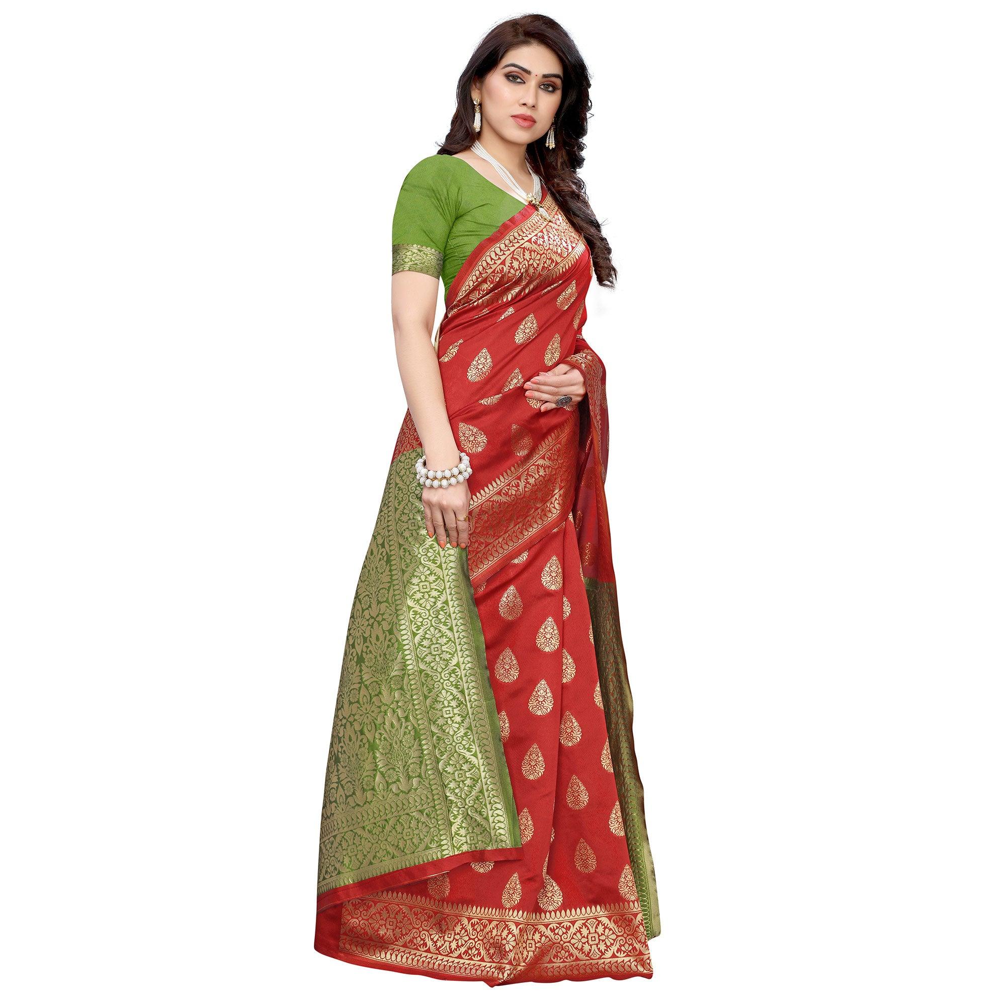 Magnetic Red - Green Colored Festive Wear Woven Jacquard Saree - Peachmode
