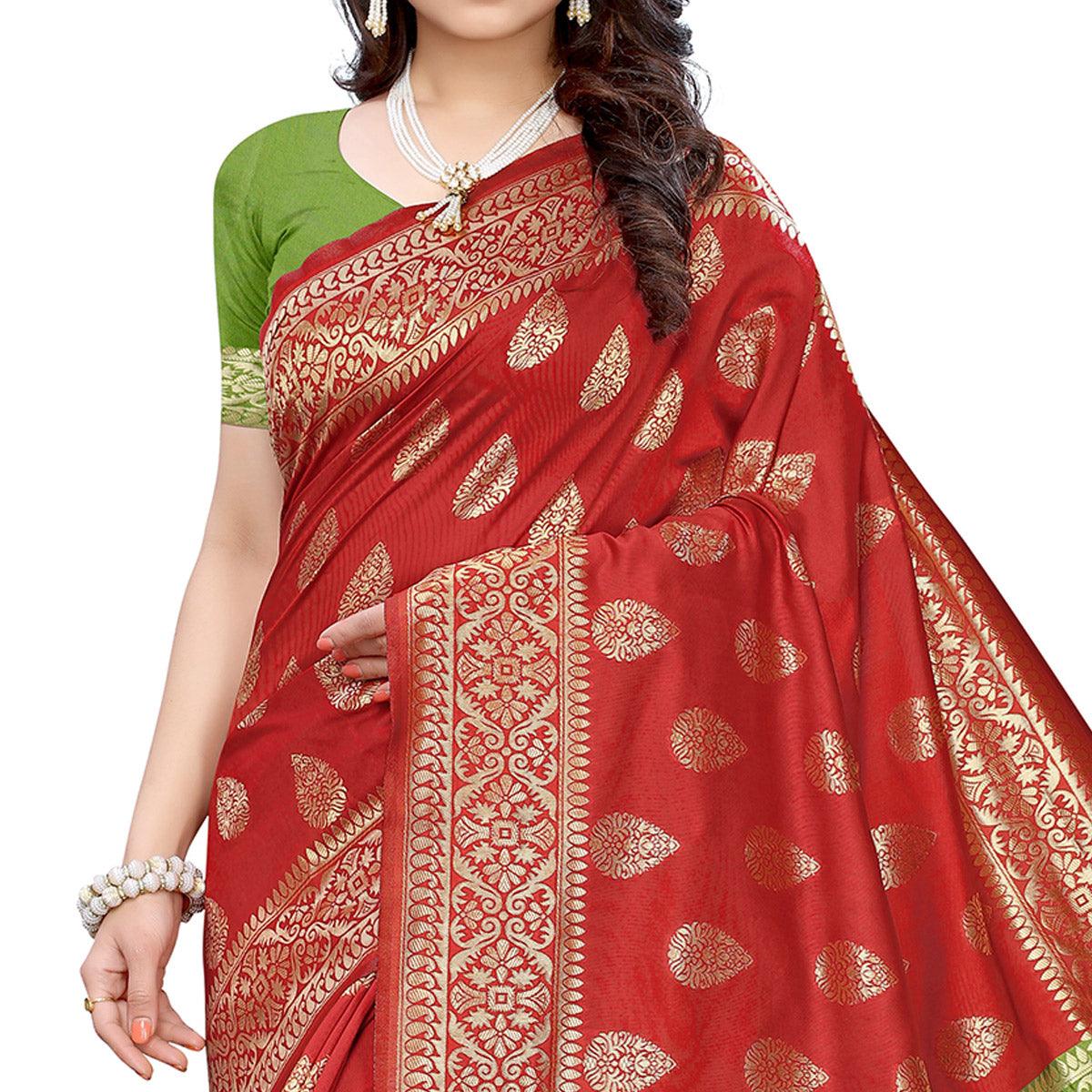 Magnetic Red - Green Colored Festive Wear Woven Jacquard Saree - Peachmode