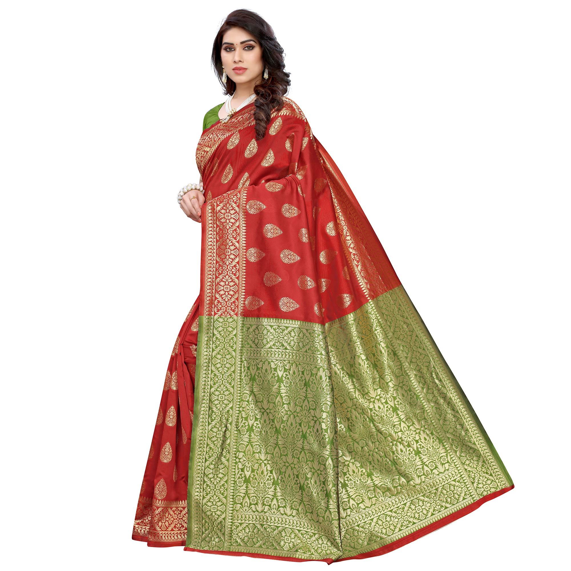 Magnetic Red - Green Colored Festive Wear Woven Jacquard Saree - Peachmode