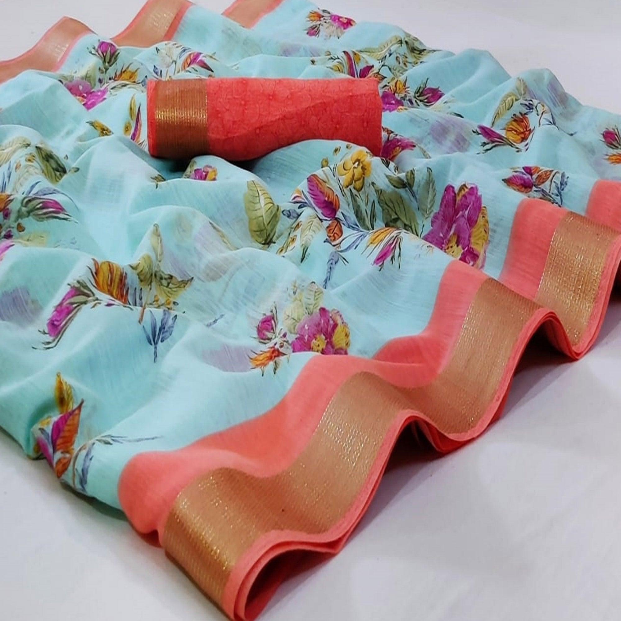 Magnetic Sky Blue Colored Casual Wear Printed Linen Saree - Peachmode
