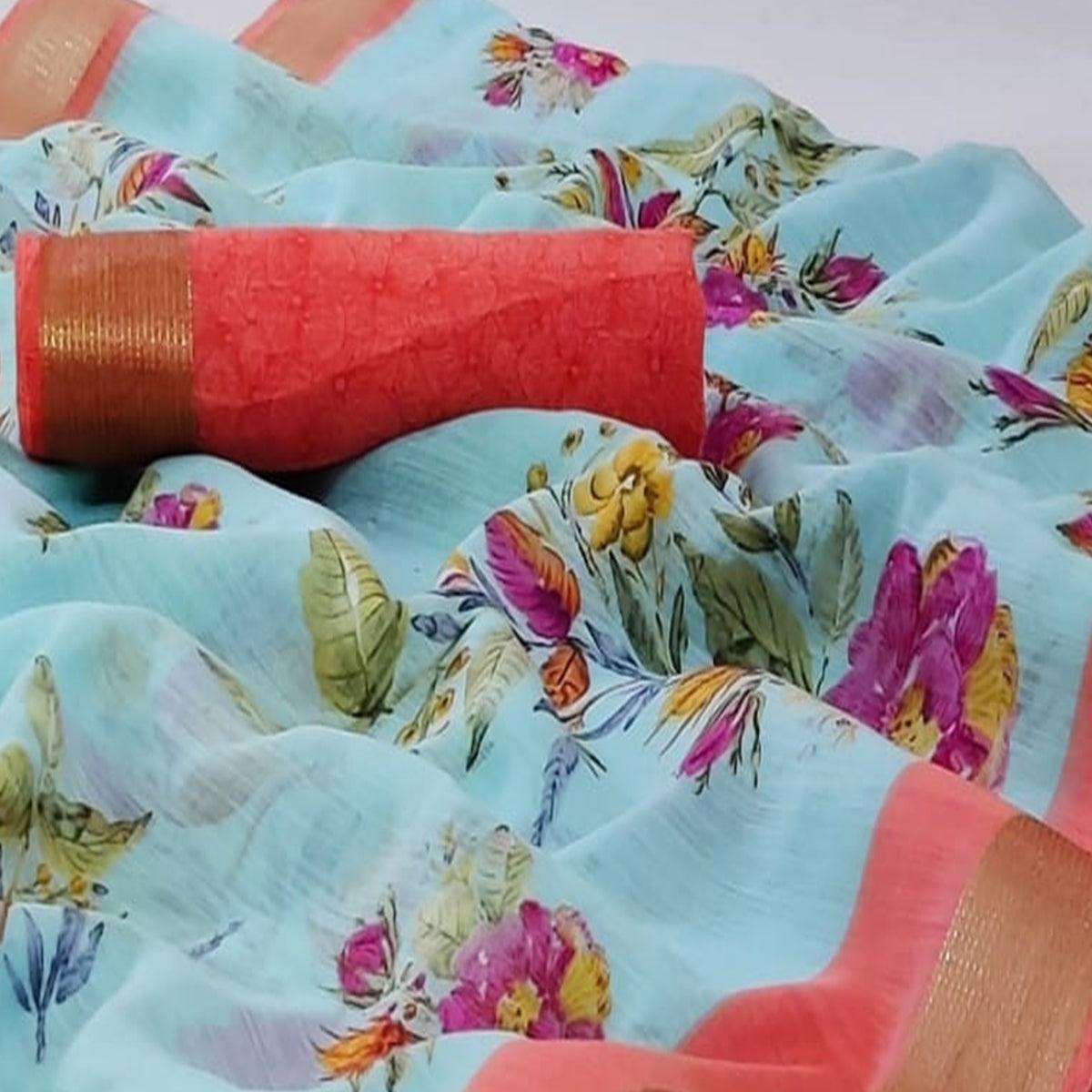 Magnetic Sky Blue Colored Casual Wear Printed Linen Saree - Peachmode