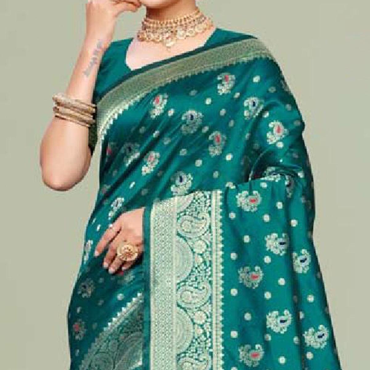 Magnetic Turquoise Green Colored Festive Wear Woven Art Silk Saree - Peachmode