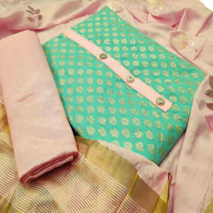Magnetic Turquoise Green Colored Festive Wear Woven Heavy Banarasi Silk Dress Material - Peachmode