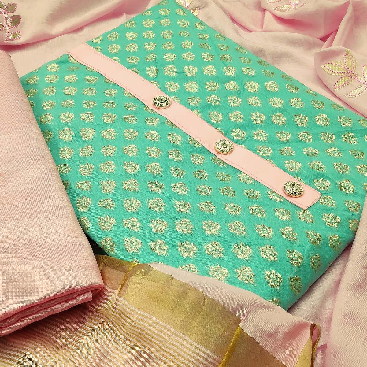 Magnetic Turquoise Green Colored Festive Wear Woven Heavy Banarasi Silk Dress Material - Peachmode