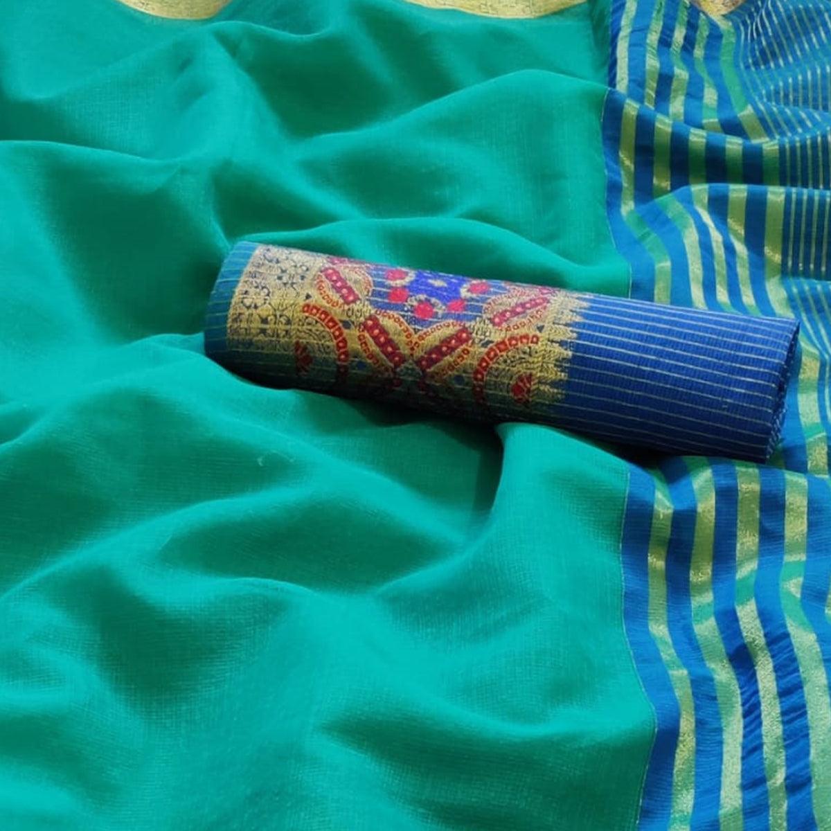 Magnetic Turquoise Green Colored Festive Wear Woven Silk Saree - Peachmode