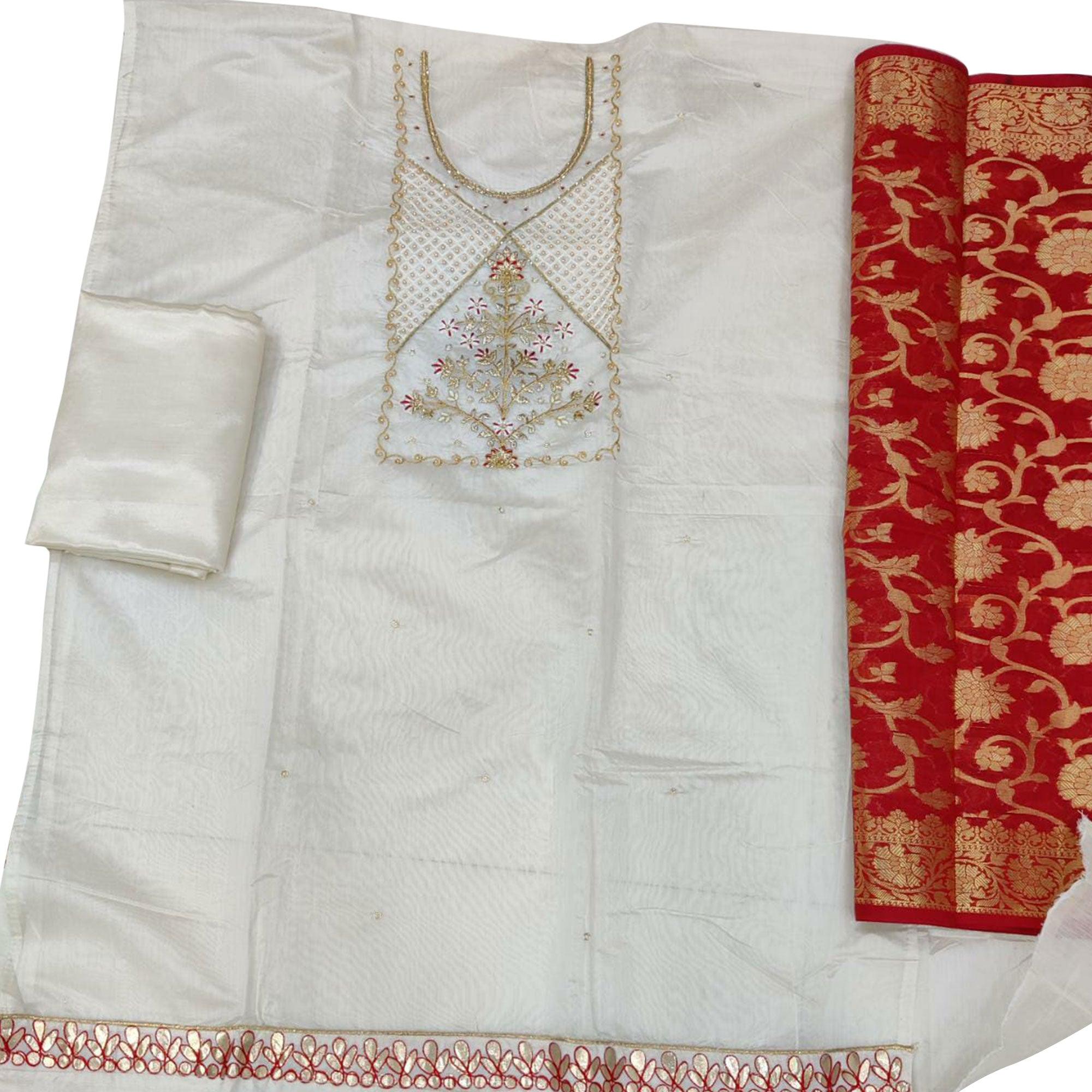 Magnetic White Colored Festive Wear Embroidered Modal Chanderi Dress Material - Peachmode