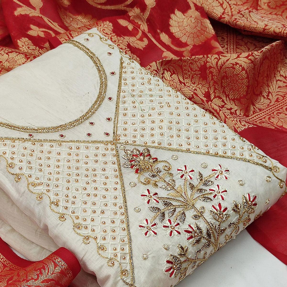 Magnetic White Colored Festive Wear Embroidered Modal Chanderi Dress Material - Peachmode