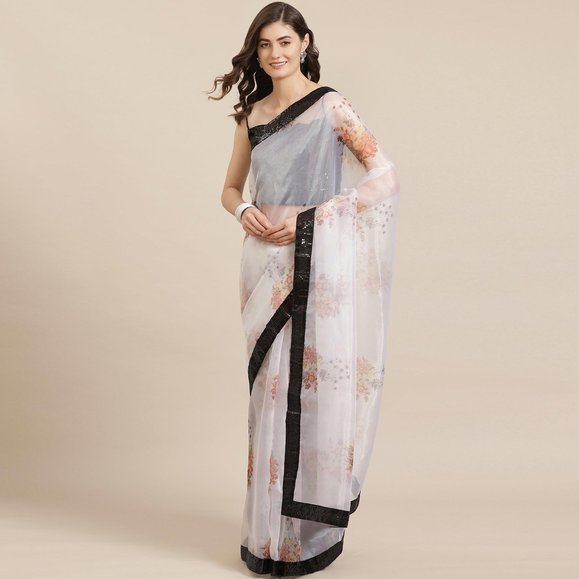Magnetic White Coloured Partywear Floral Printed Sequence Organza Saree - Peachmode