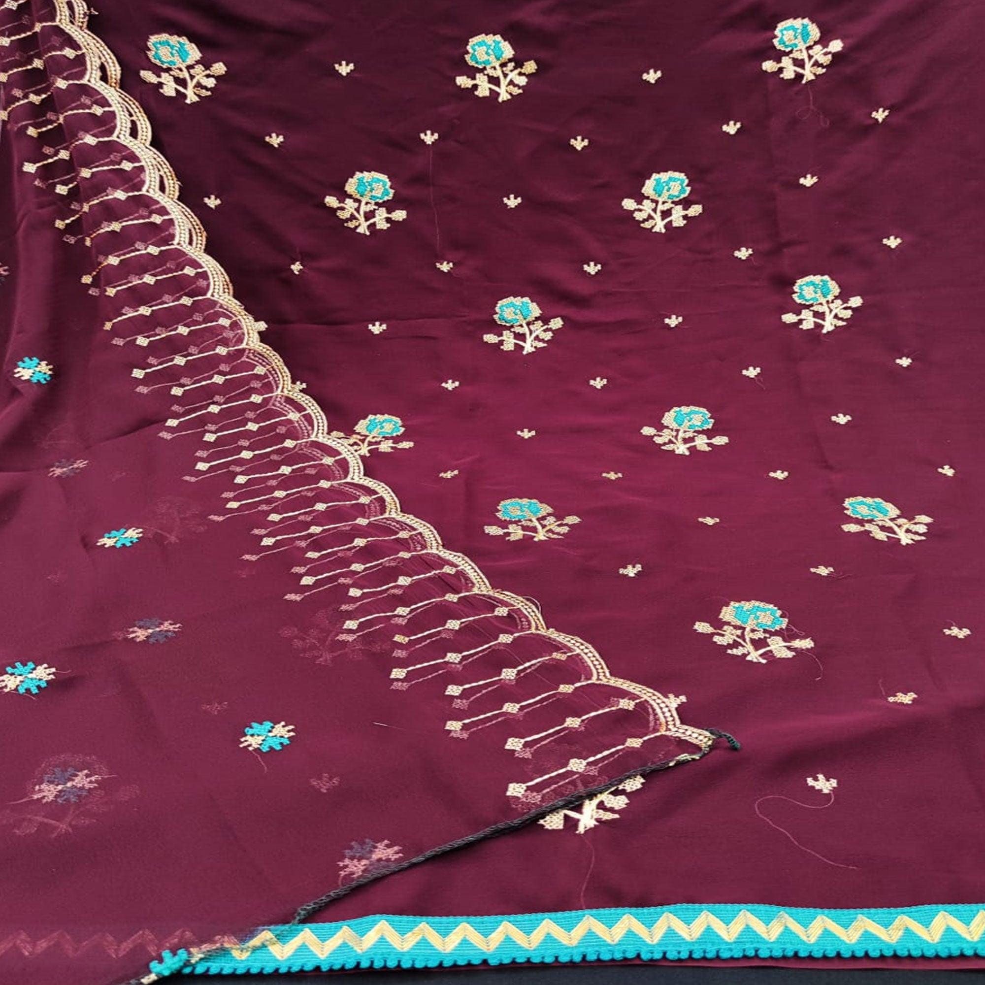 Magnetic Wine Colored Casual Wear Embroidered Georgette Dress Material - Peachmode