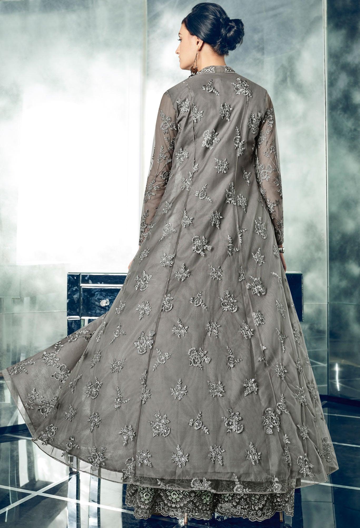 Majestic Gray Colored Partywear Designer Embroidered Net Anarkali Suit - Peachmode