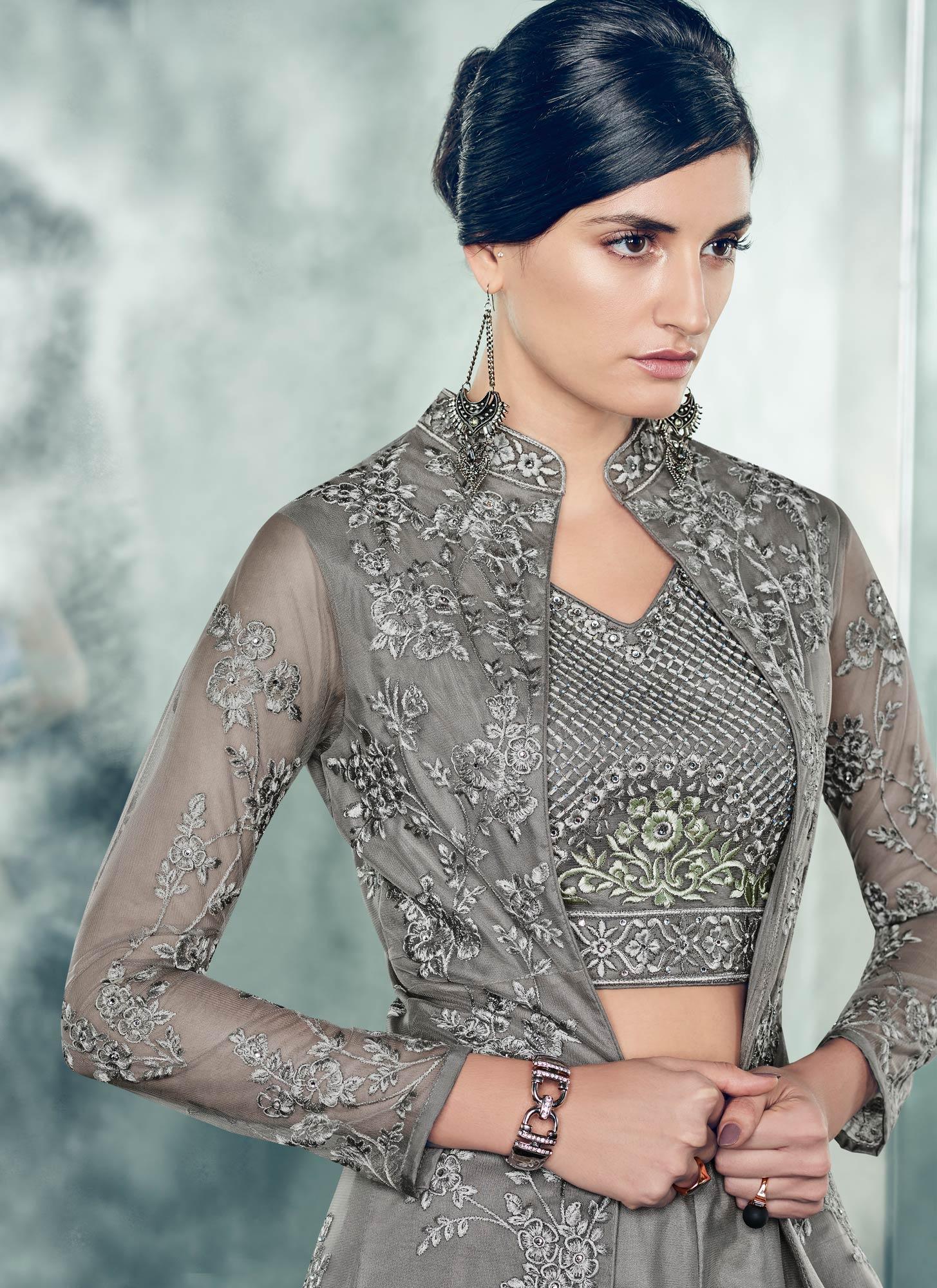 Majestic Gray Colored Partywear Designer Embroidered Net Anarkali Suit - Peachmode