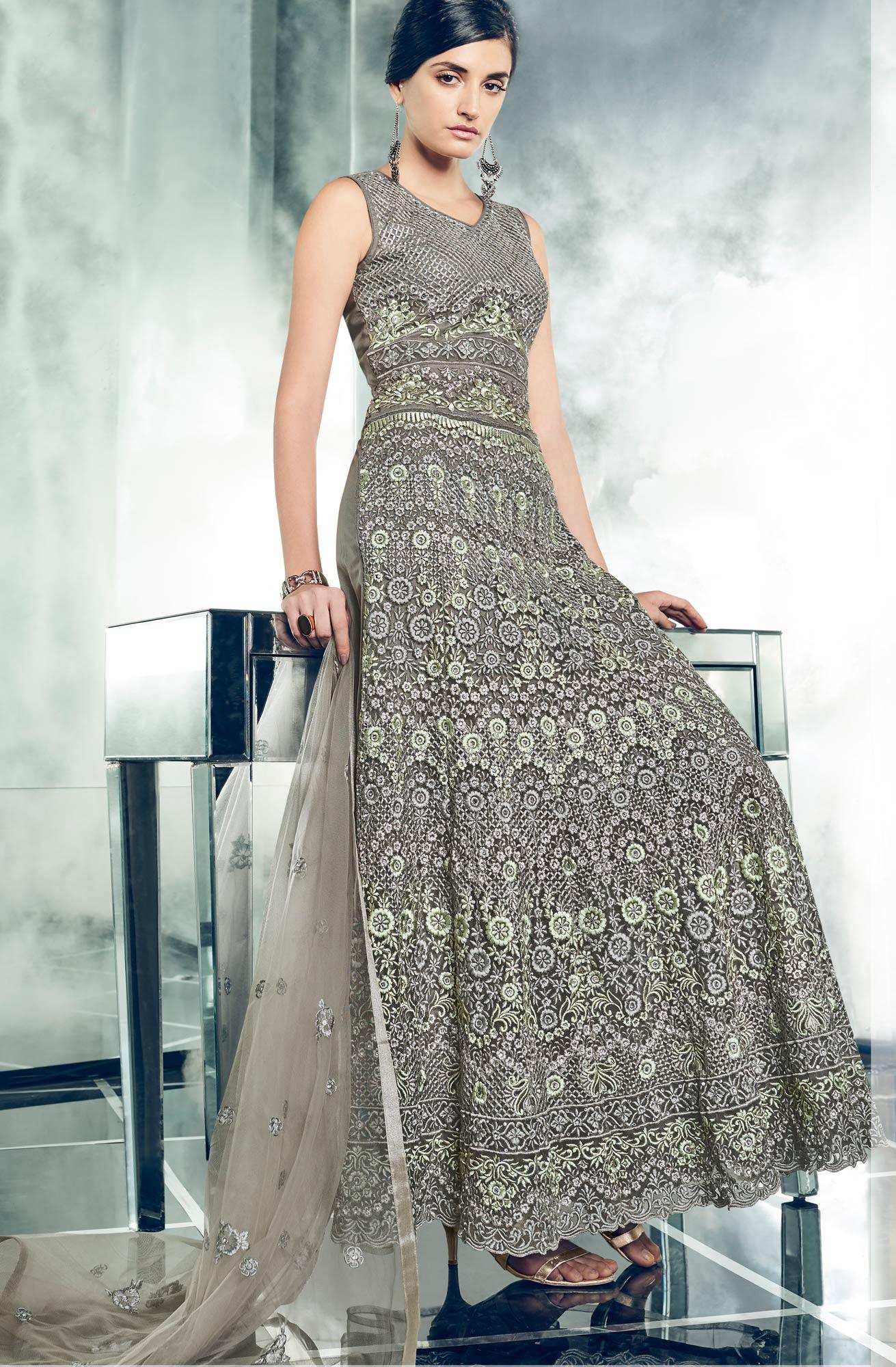Majestic Gray Colored Partywear Designer Embroidered Net Anarkali Suit - Peachmode