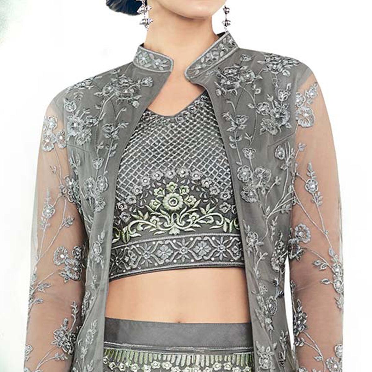 Majestic Gray Colored Partywear Designer Embroidered Net Anarkali Suit - Peachmode