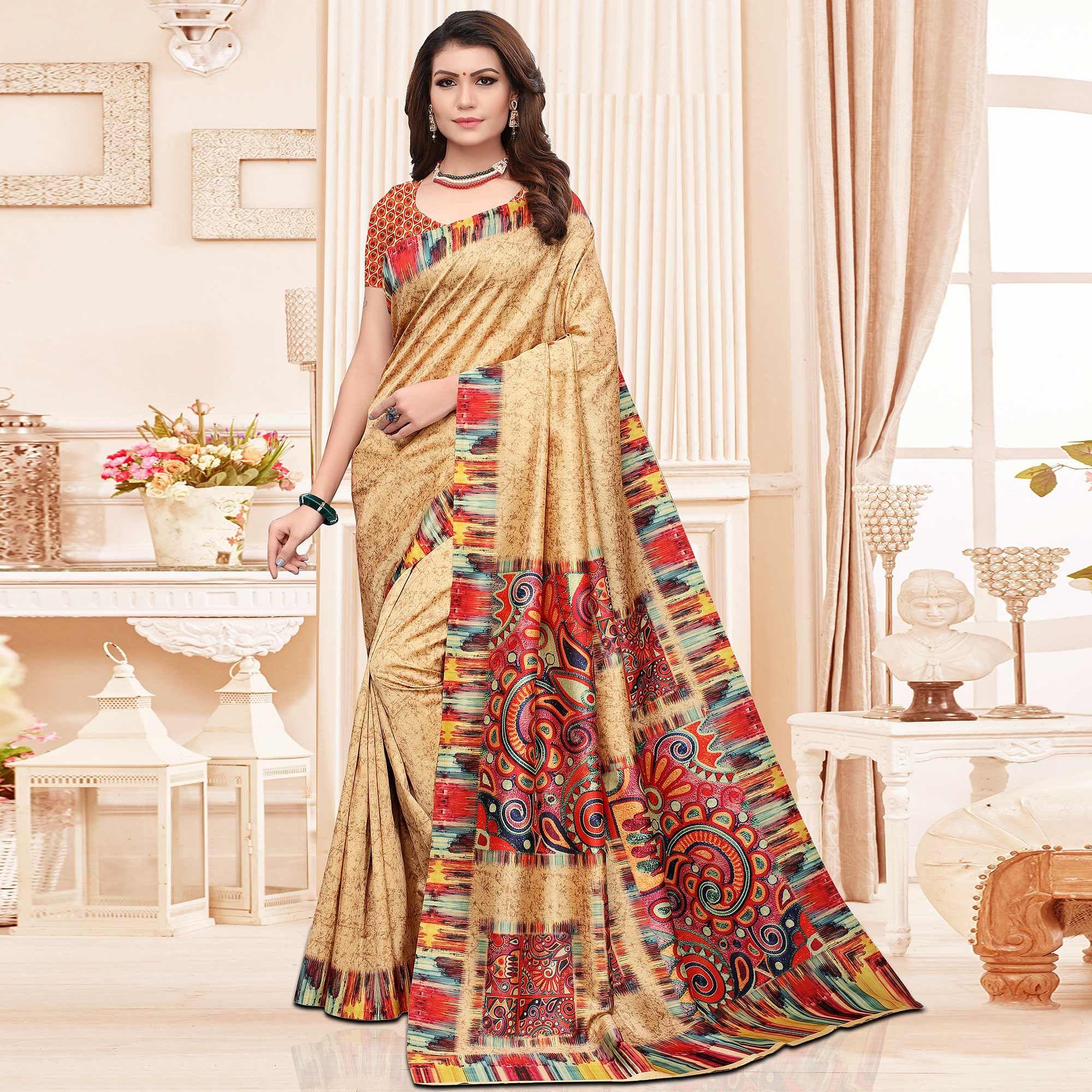 Majesty Beige Colored Casual Printed Silk Saree - Peachmode