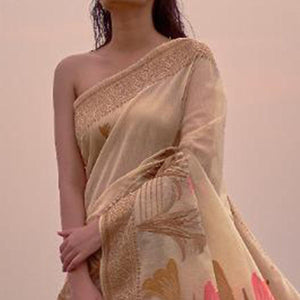 Majesty Beige Colored Festive Wear Woven Pure Linen Silk Saree - Peachmode