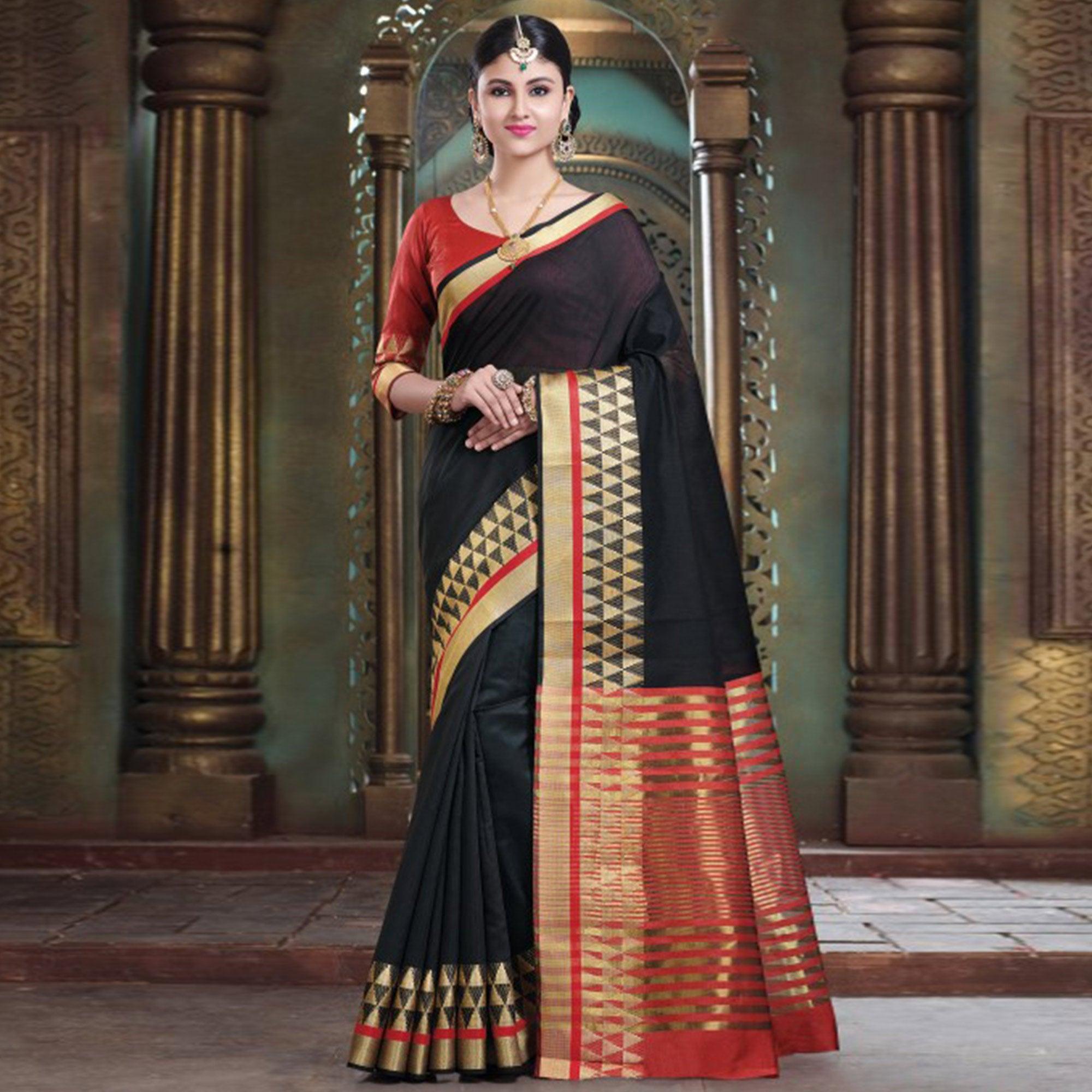 Majesty Black Colored Festive Wear Woven Cotton Handloom Saree - Peachmode