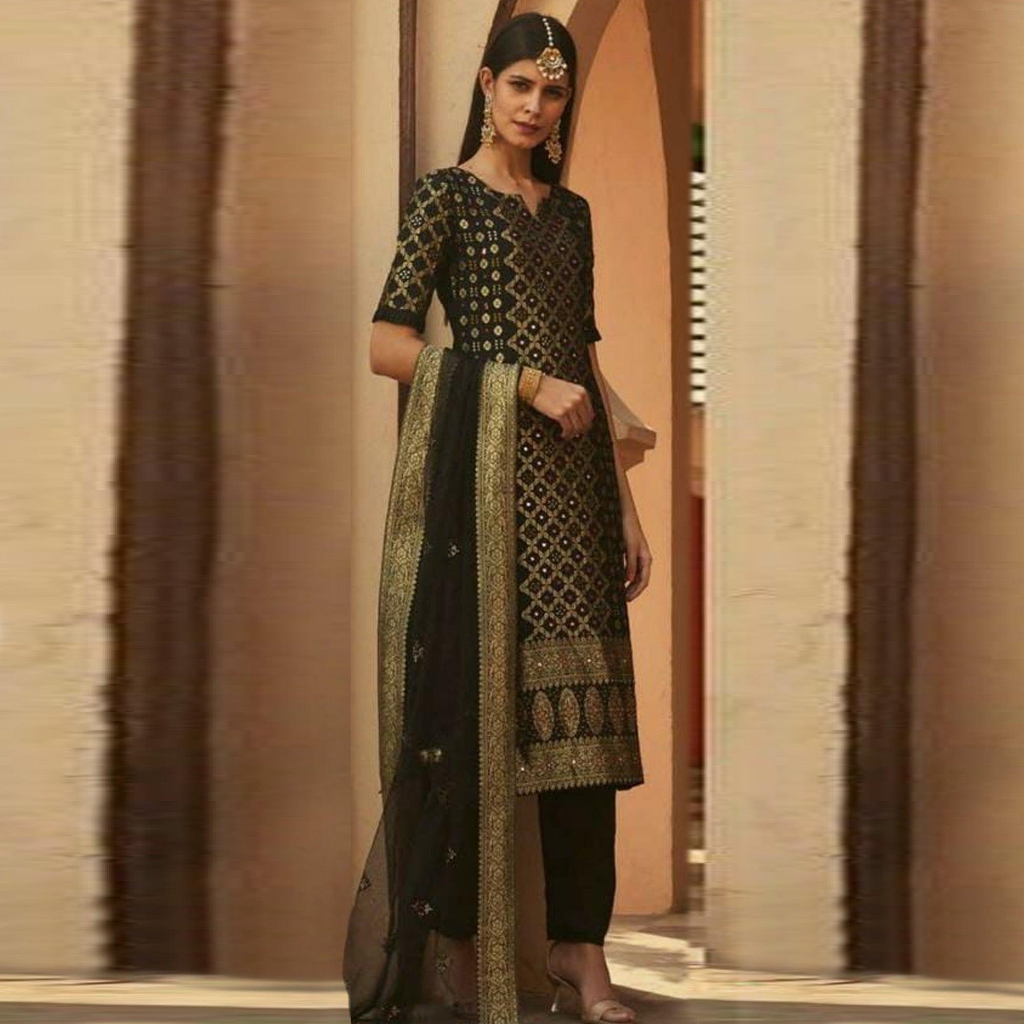 Majesty Black Colored Partywear Woven Cotton Silk Stitched Suit - Peachmode