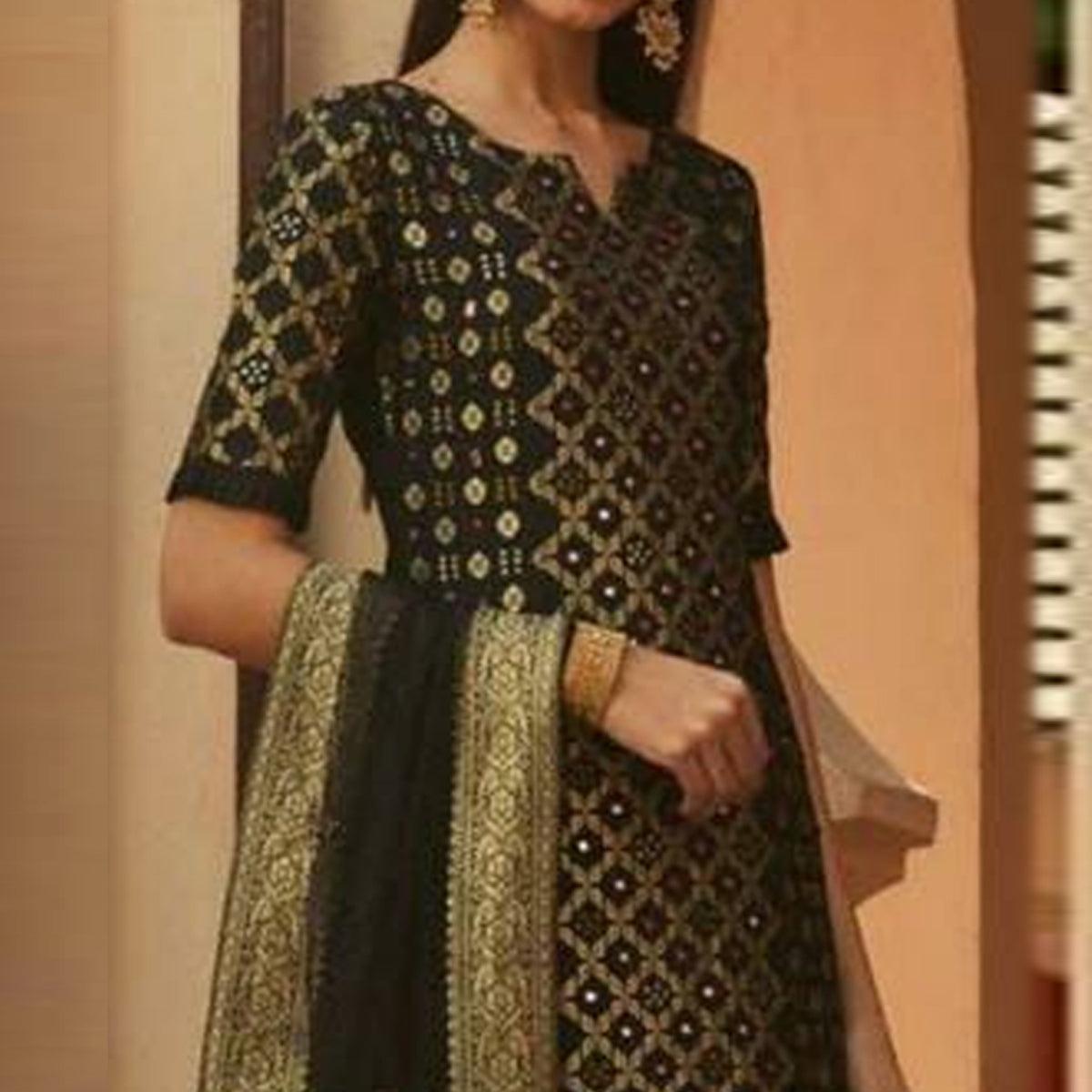 Majesty Black Colored Partywear Woven Cotton Silk Stitched Suit - Peachmode
