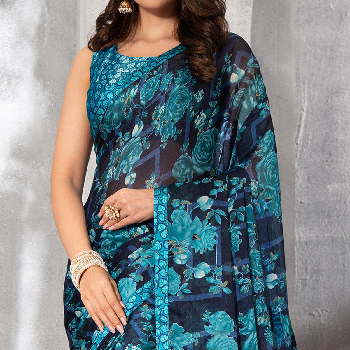 Majesty Blue Colored Casual Floral Printed Chiffon Saree - Peachmode