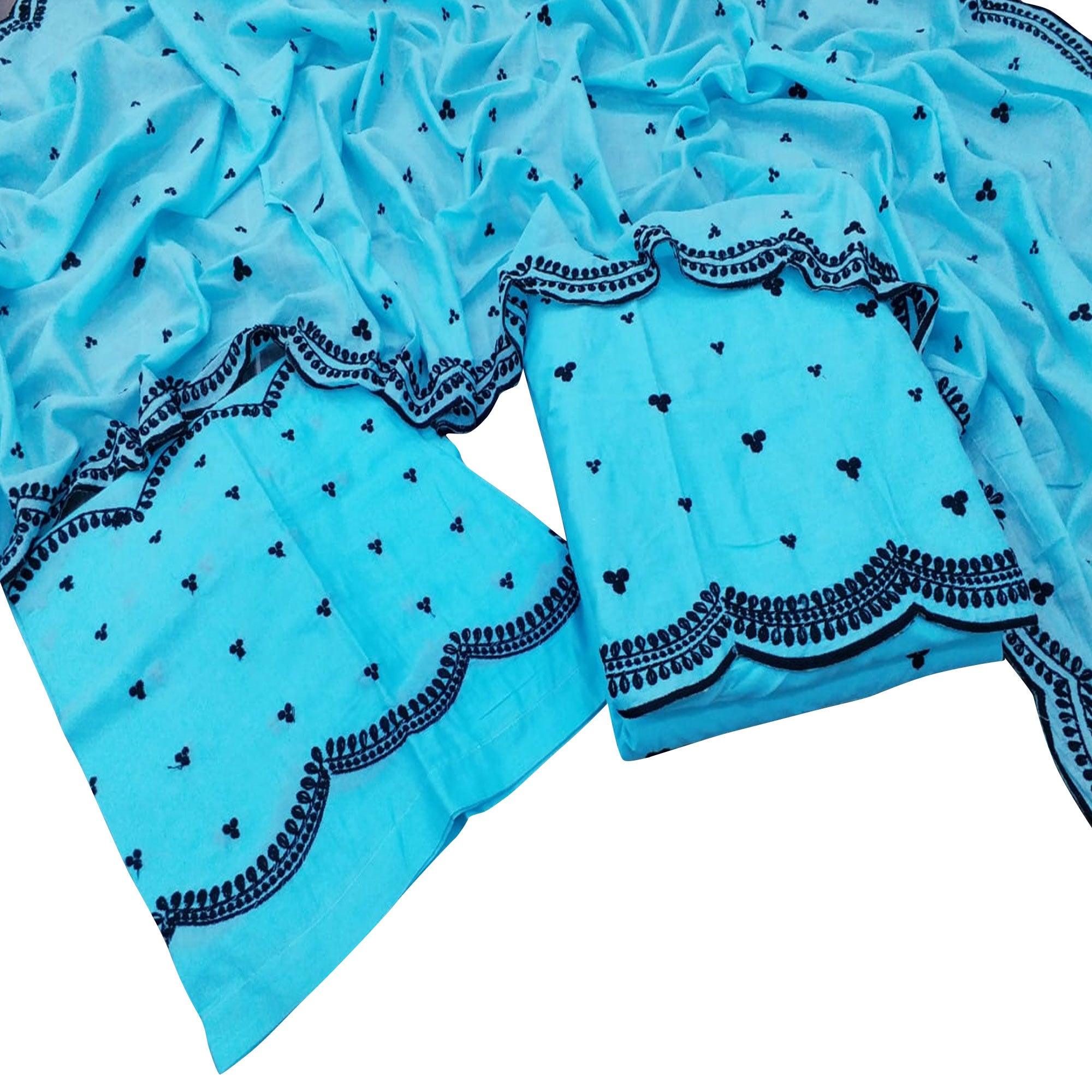 Majesty Blue Colored Casual Wear Embroidered Cotton Dress Material - Peachmode