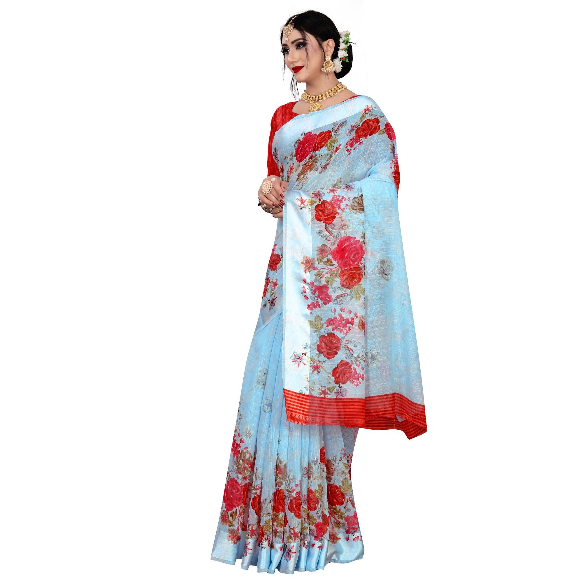 Majesty Blue Colored Casual Wear Floral Printed Linen Saree - Peachmode