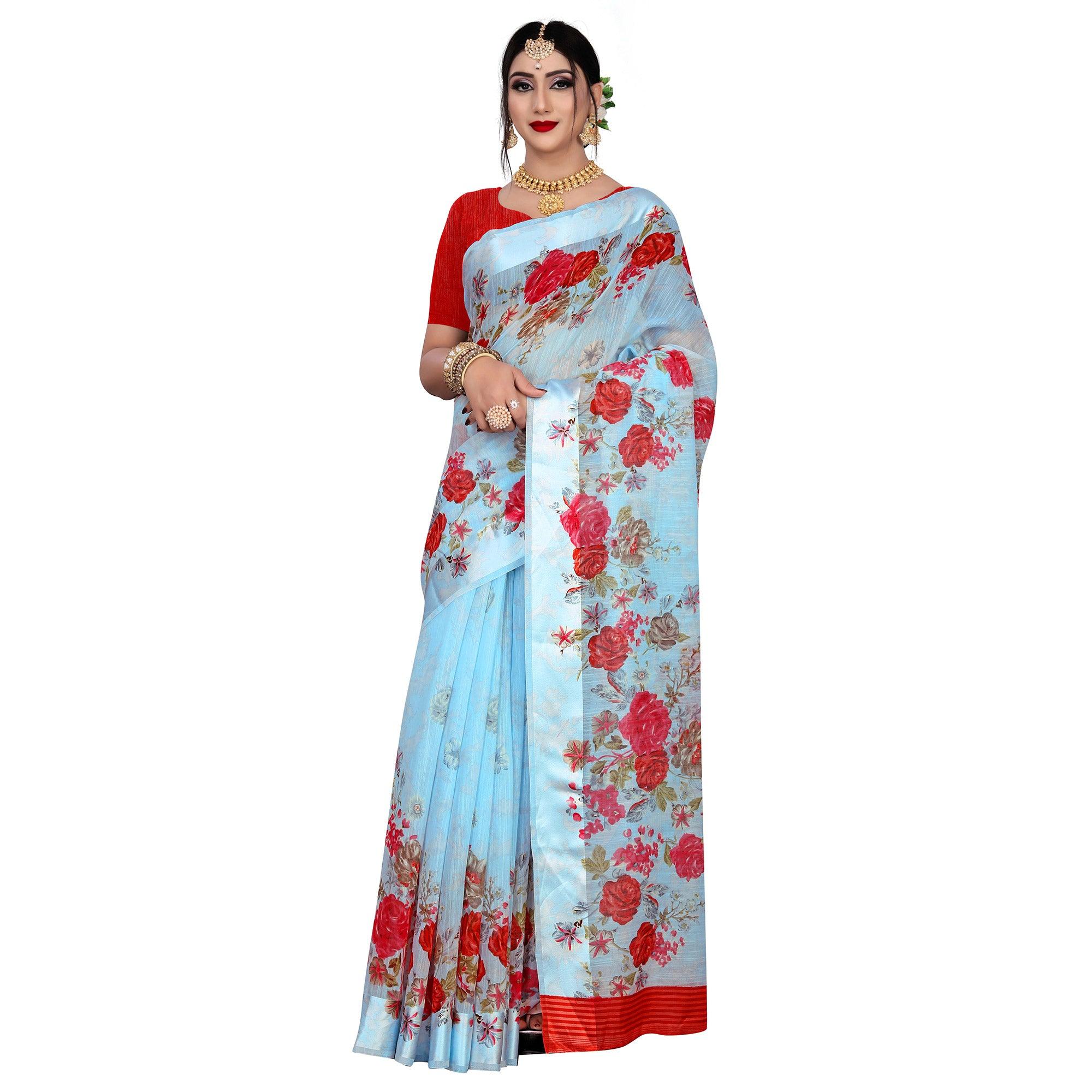 Majesty Blue Colored Casual Wear Floral Printed Linen Saree - Peachmode