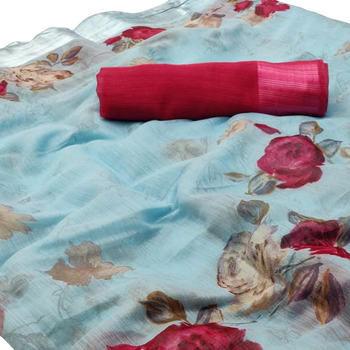 Majesty Blue Colored Casual Wear Floral Printed Linen Saree - Peachmode