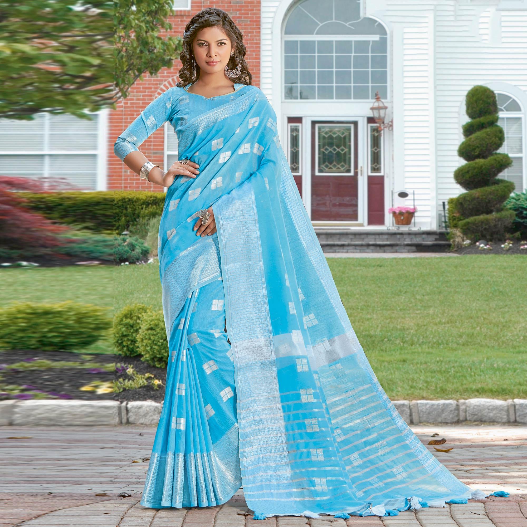Majesty Blue Colored Festive Wear Woven Linen Cotton Sareee - Peachmode